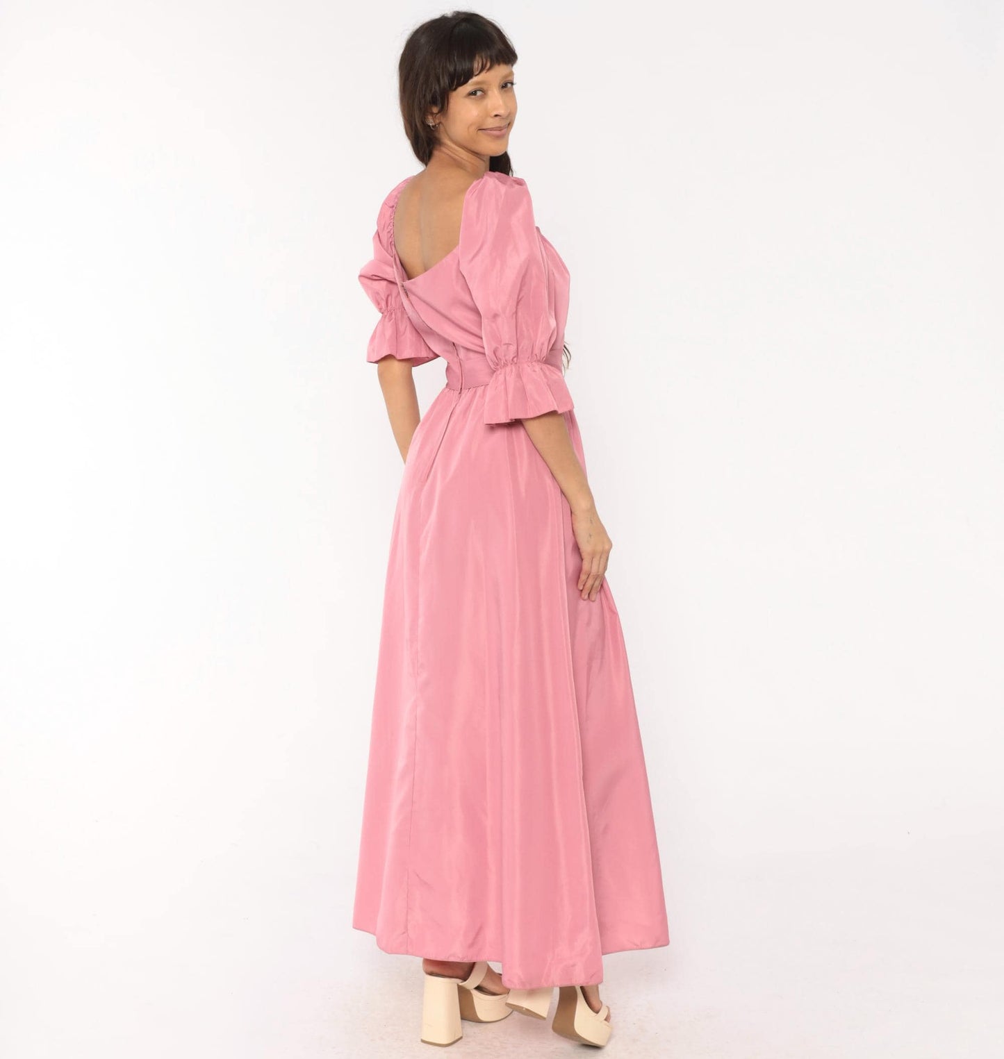 80s Rose Pink Maxi Gown Sweetheart Puff Sleeve Bow Belt Small