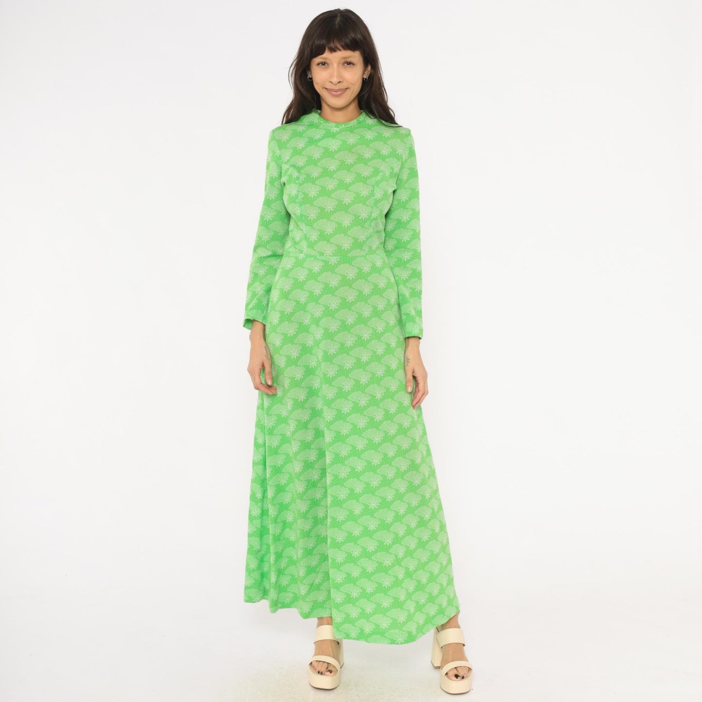 70s Green Maxi Dress Sun Cloud Print Long Sleeve Knit Small