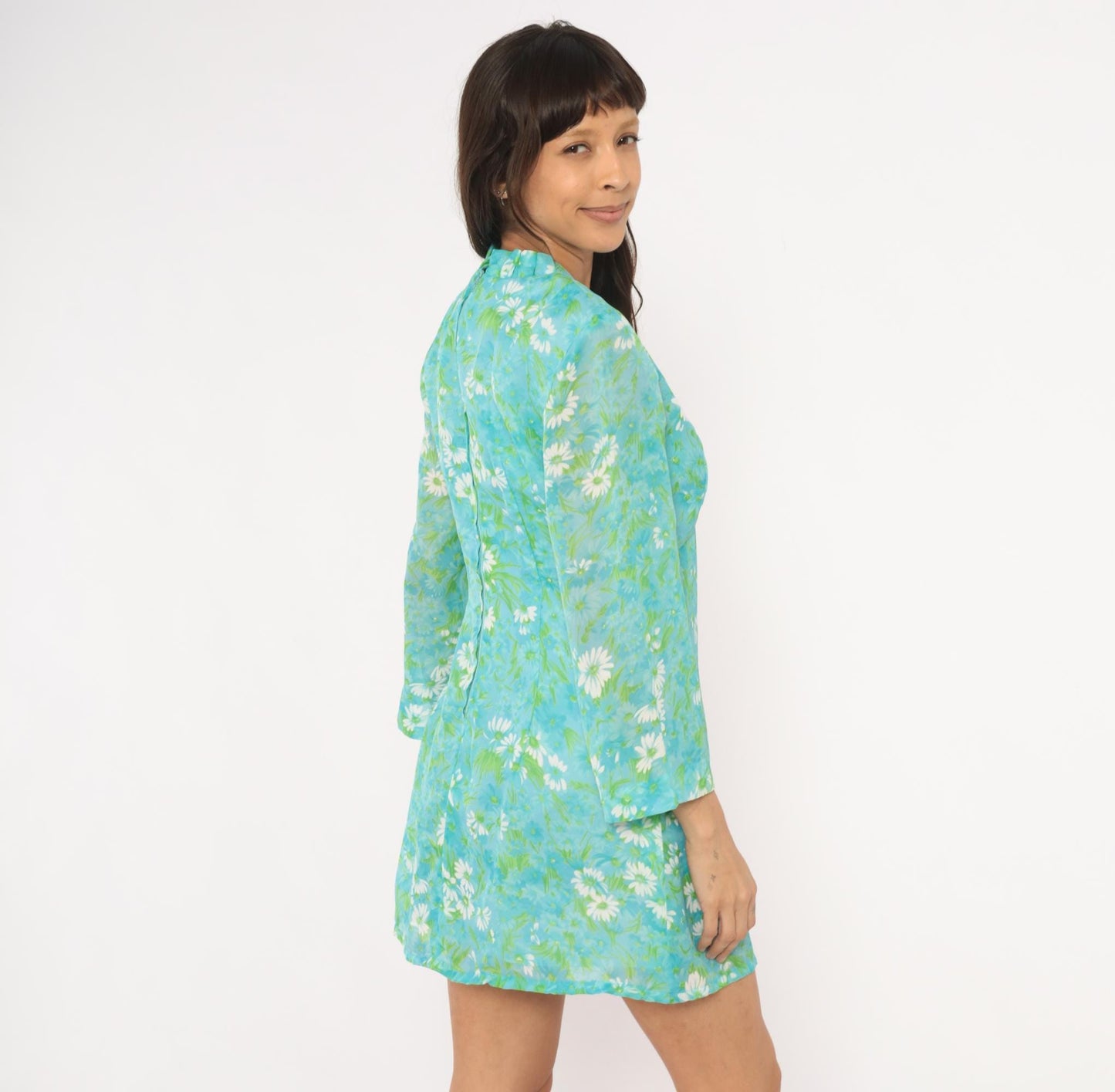 70s Daisy Floral Mini Dress Aqua Bell Sleeve A-Line Large L