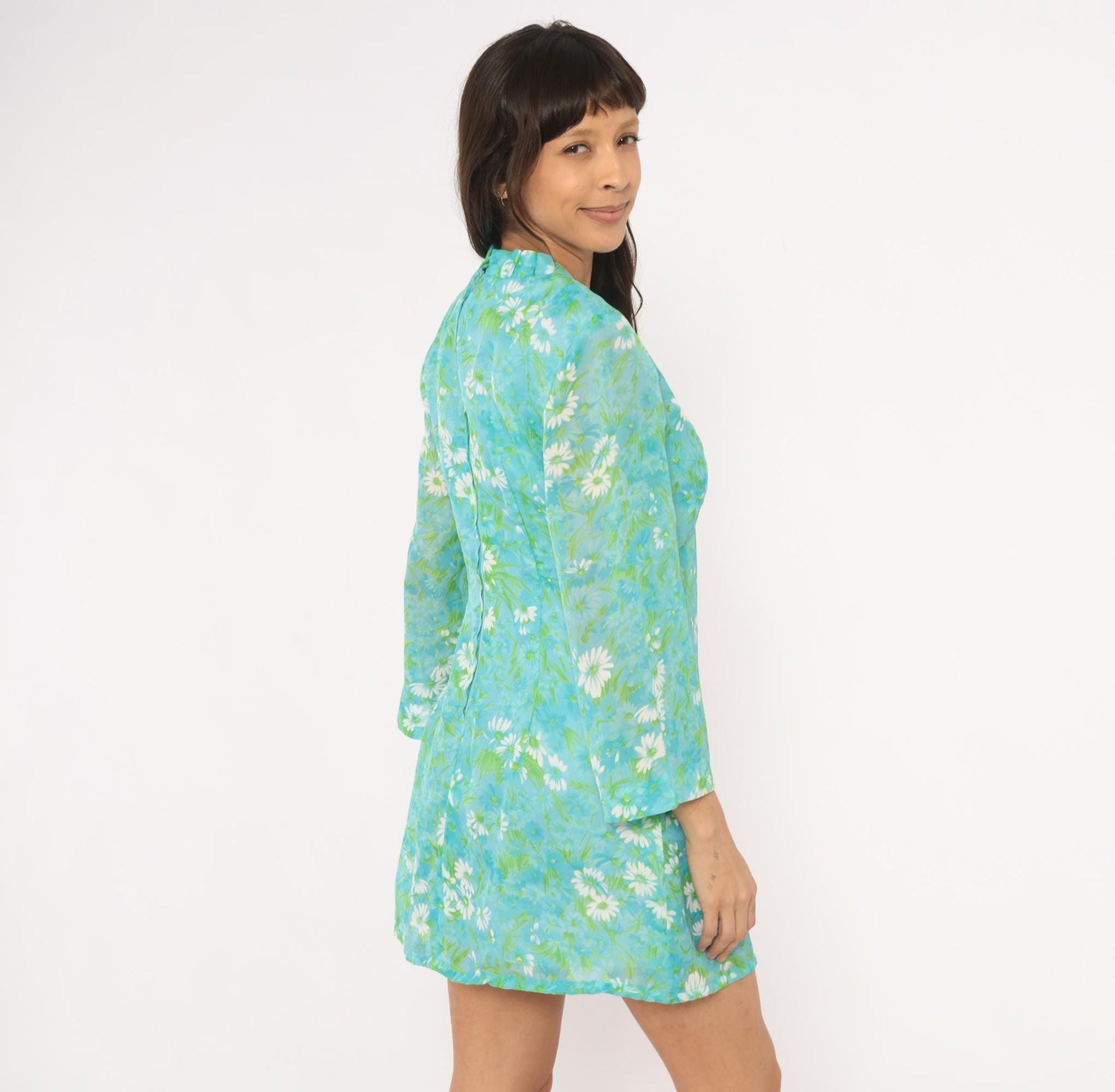 70s Daisy Floral Mini Dress Aqua Bell Sleeve A-Line Large L
