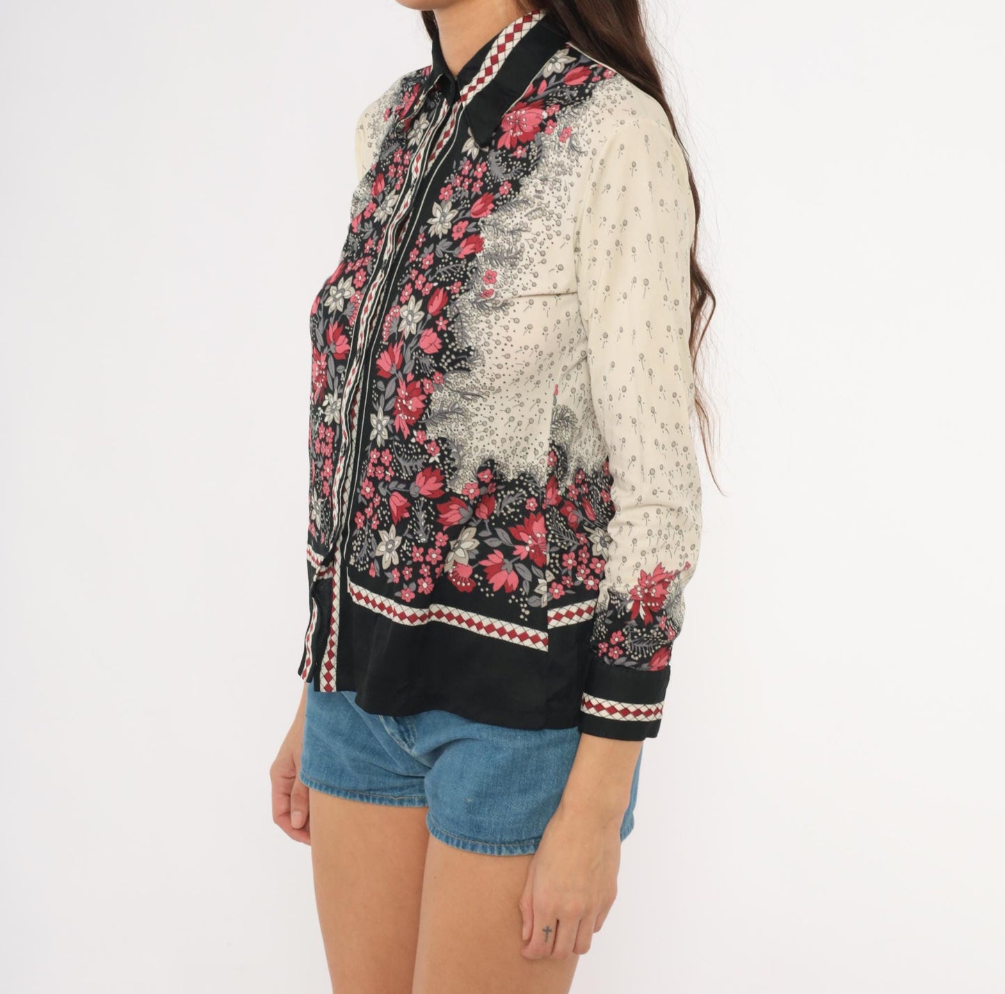70s Floral Nylon Button-Front Blouse Black Red Cream Pointed Collar Small