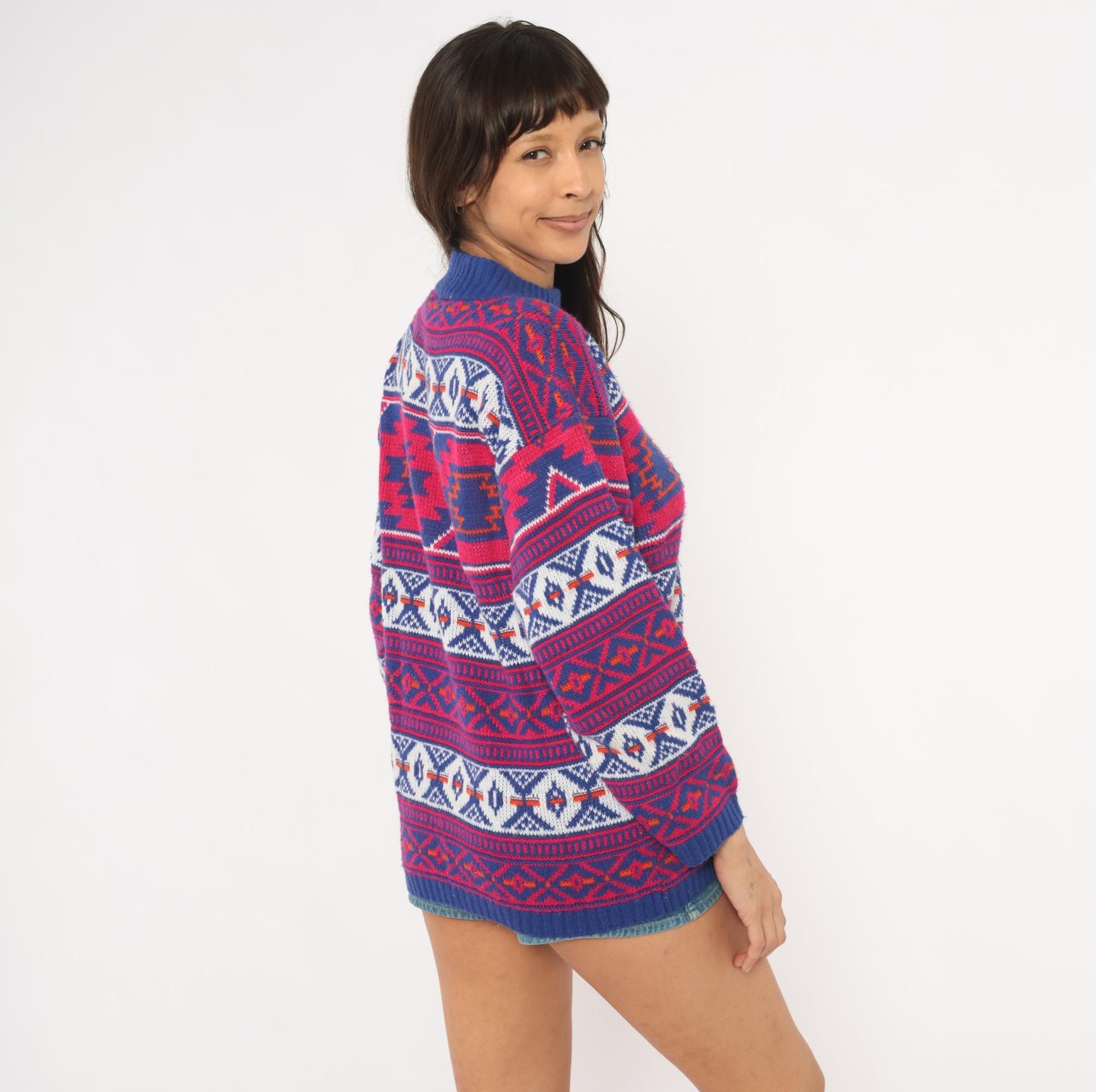 90s Croquet Southwestern Geometric Knit Pullover Navy Blue Pink Medium M