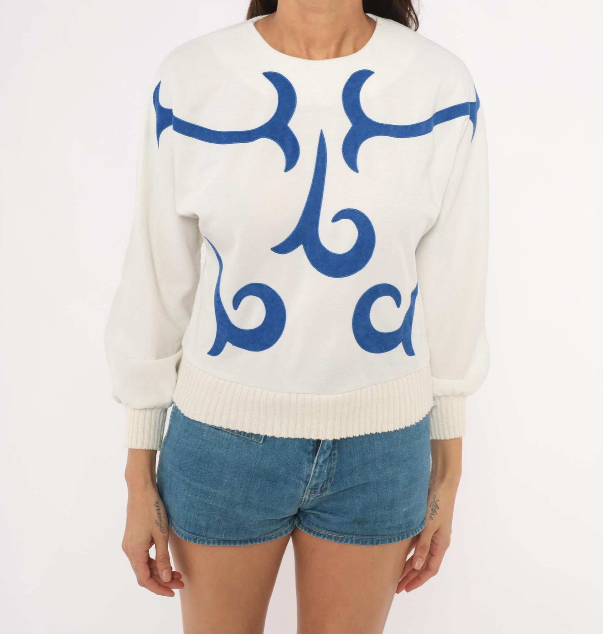 80s Leslie Fay White Cobalt Appliqué Sweatshirt Cropped Balloon Sleeve Extra Small XS