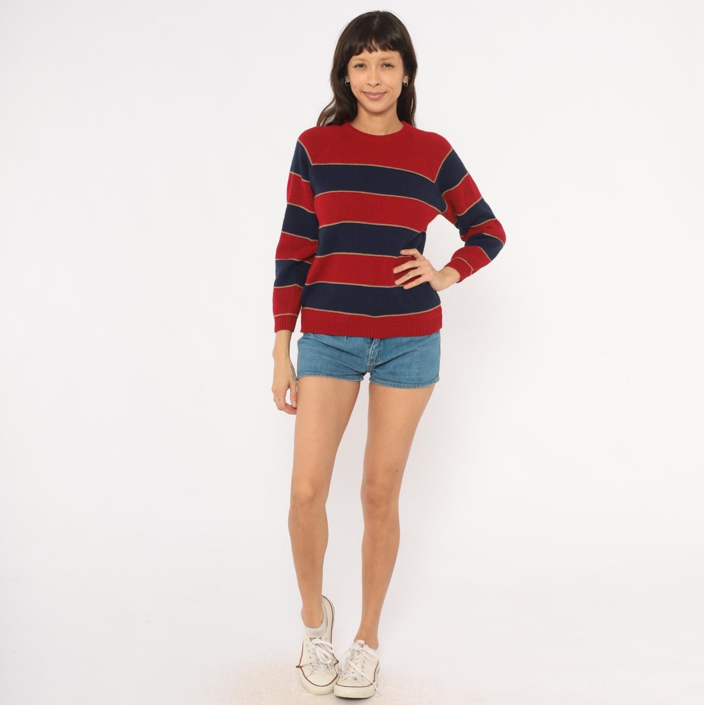 80s Striped Raglan Pullover Sweater Red Navy Burgundy Knit Small