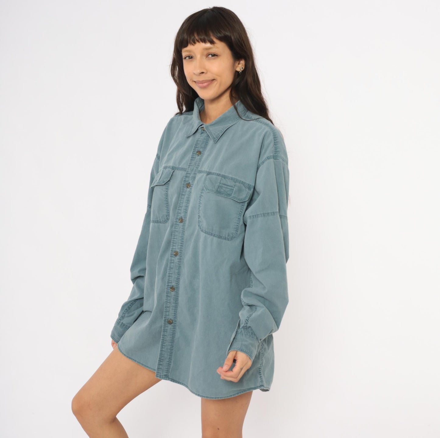 2000s Redhead Slate Blue Cotton Work Shirt Pointed Collar Chest Pockets Extra Large XL