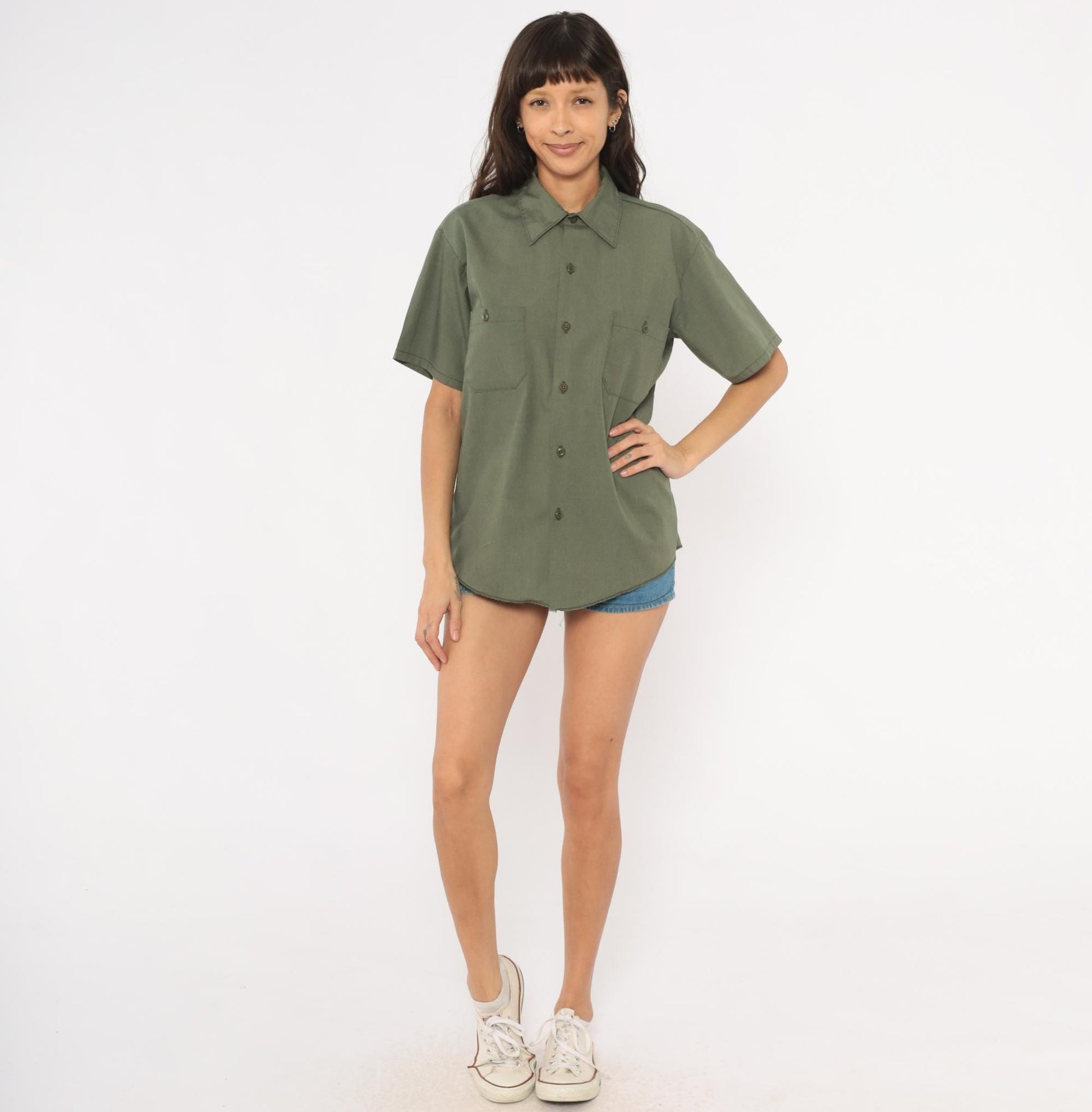 70s Sears Olive Work Shirt Pointed Collar Short Sleeve Utility Blouse Medium M