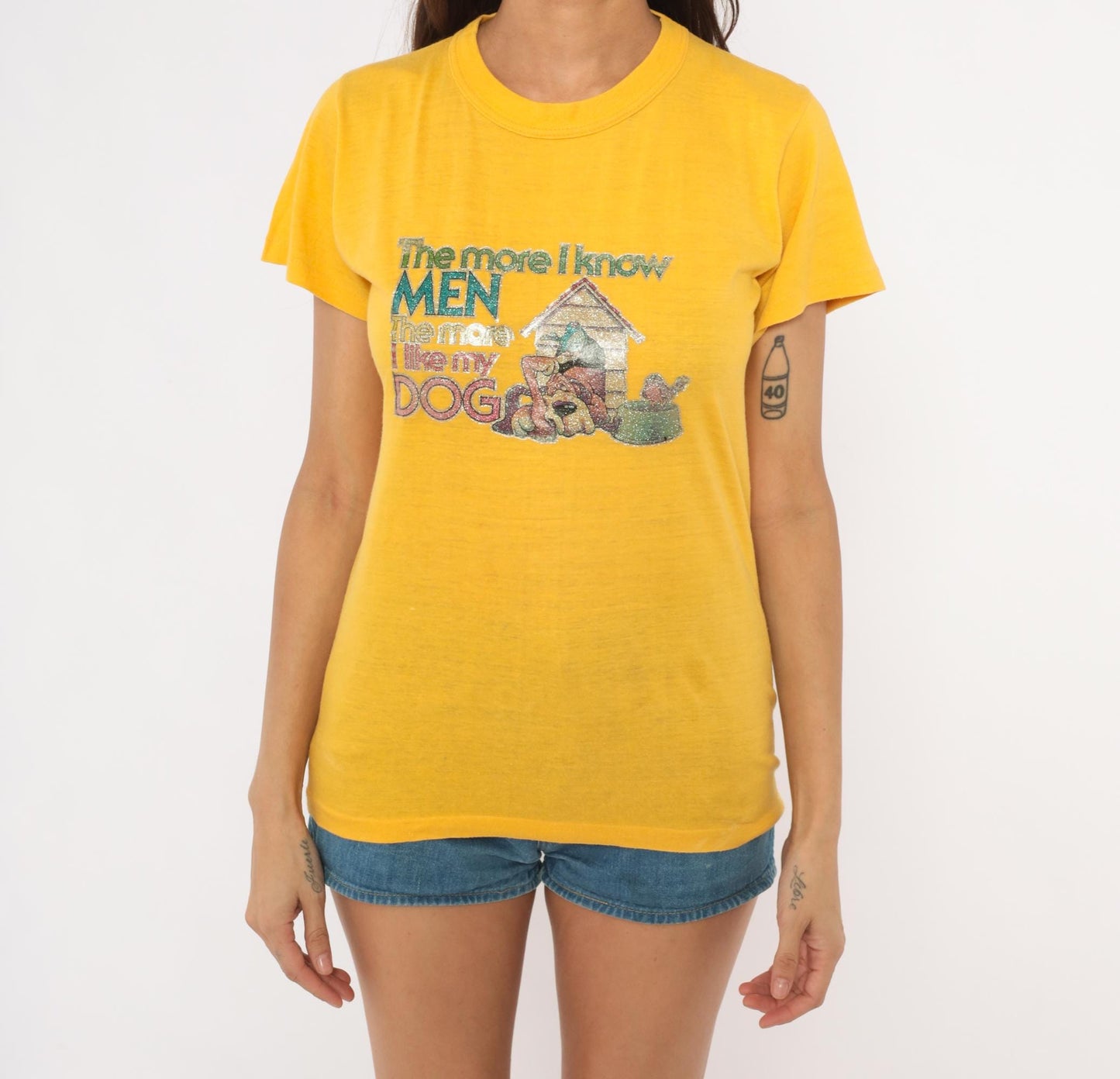 80s Poltermann Glitter Dog Graphic Tee Yellow Cotton Novelty Small