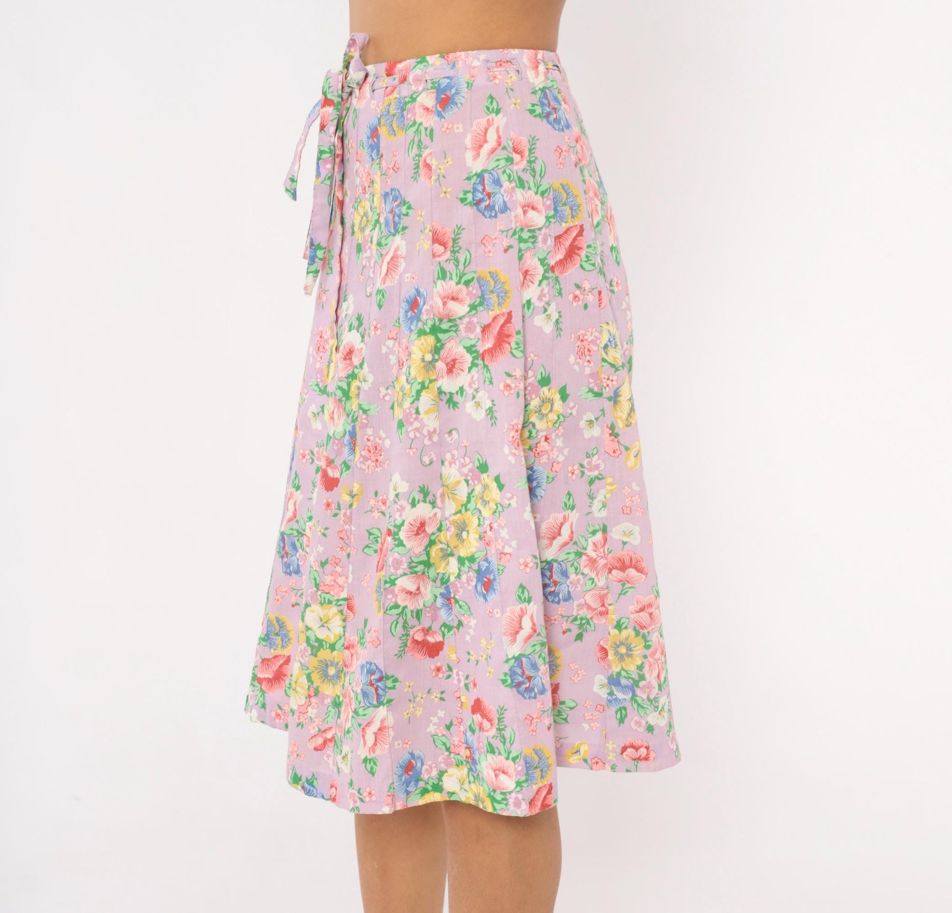 80s Lilac Floral Pleated Skirt Button Front Knee Length Cotton Small