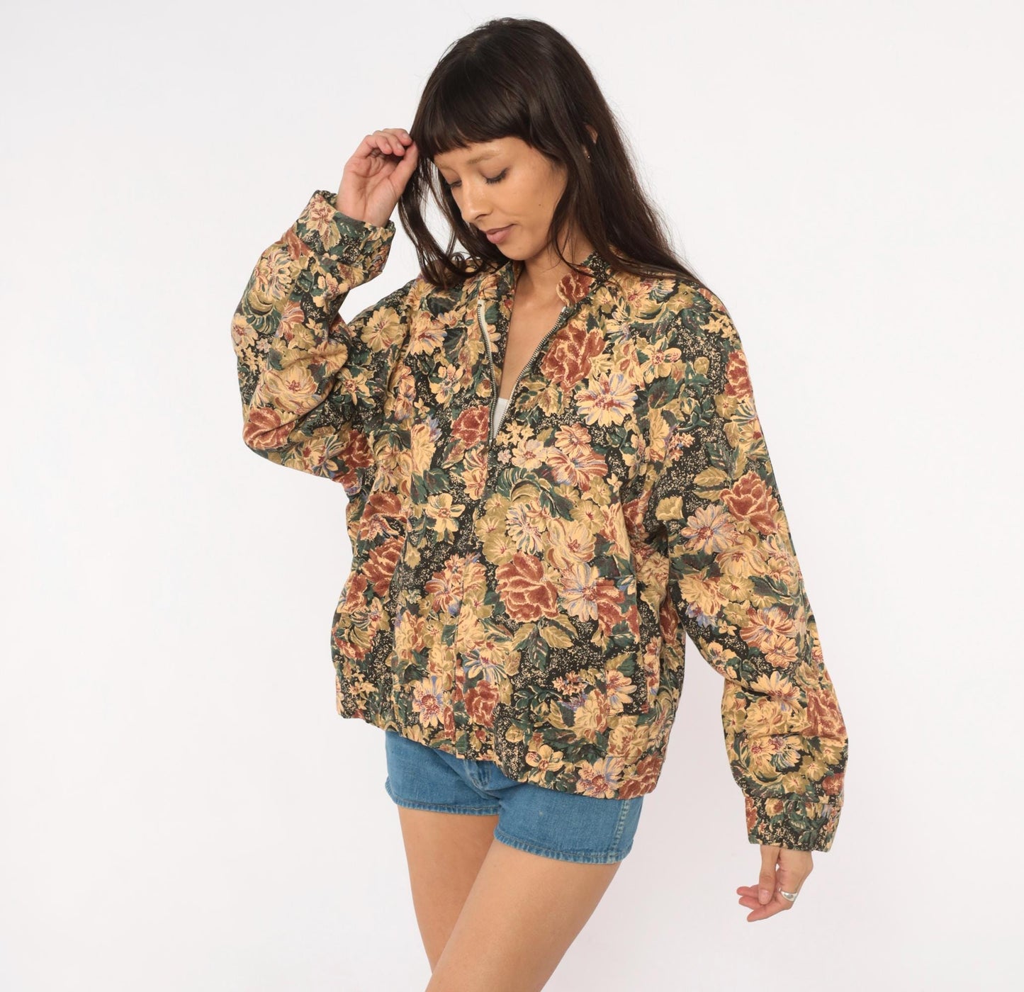 90s On The Verge Floral Tapestry Bomber Jacket Cotton Botanical Tan Burgundy Medium