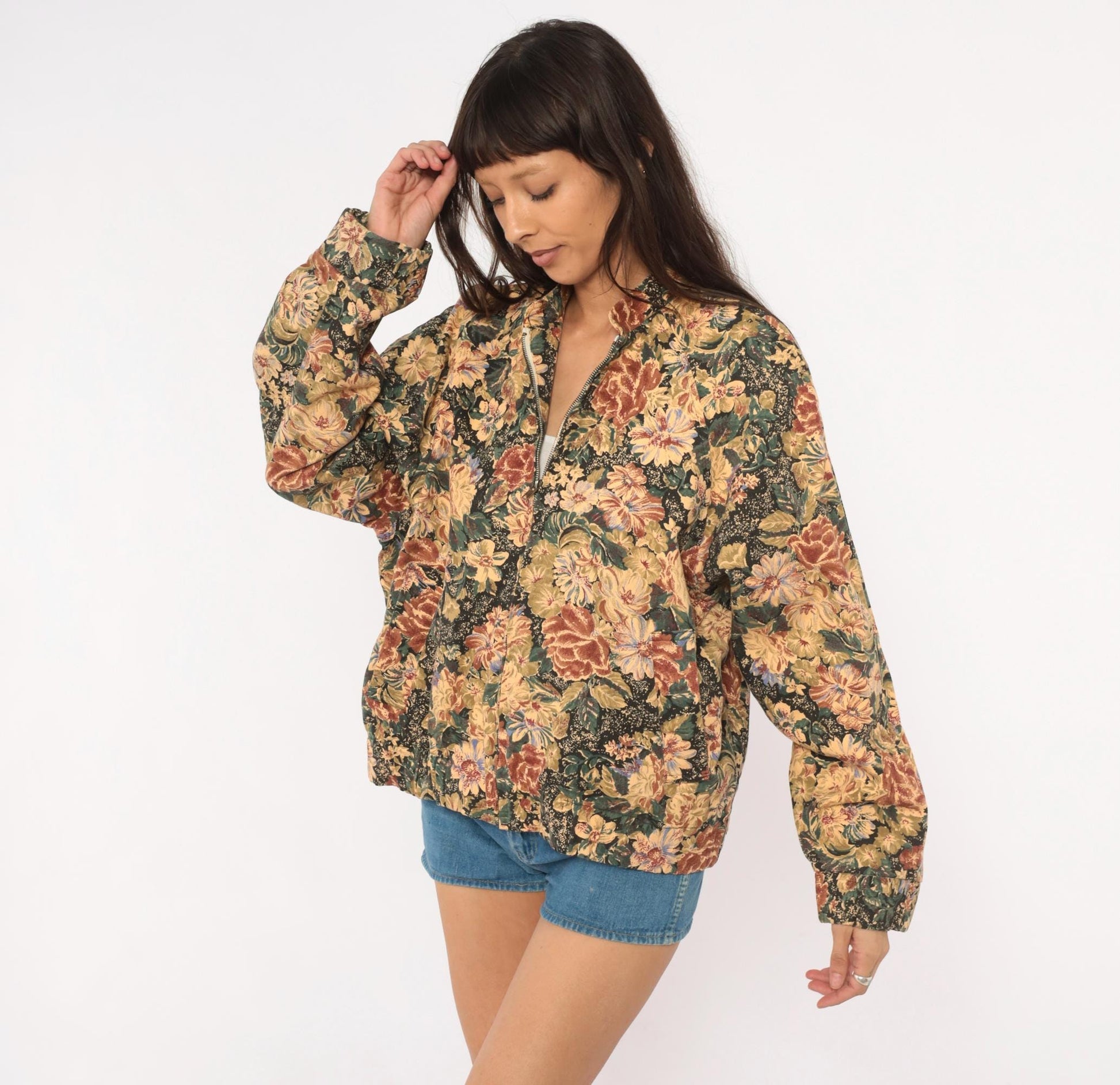 90s On The Verge Floral Tapestry Bomber Jacket Cotton Botanical Tan Burgundy Medium
