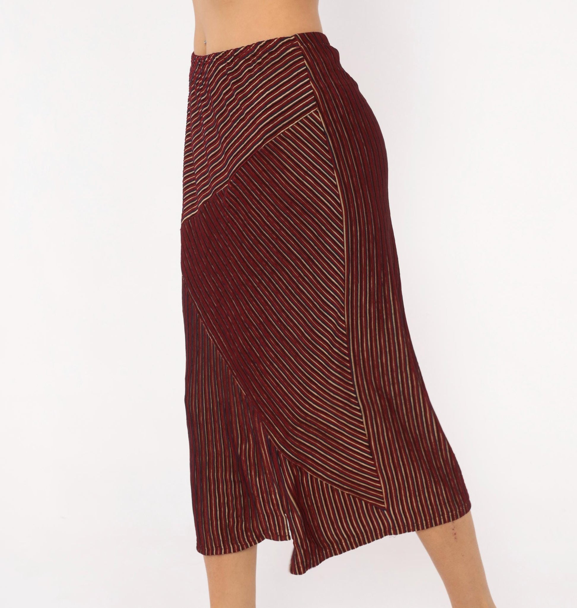 80s Gail Morgado Burgundy Pinstripe Midi Skirt Chevron Panel Small