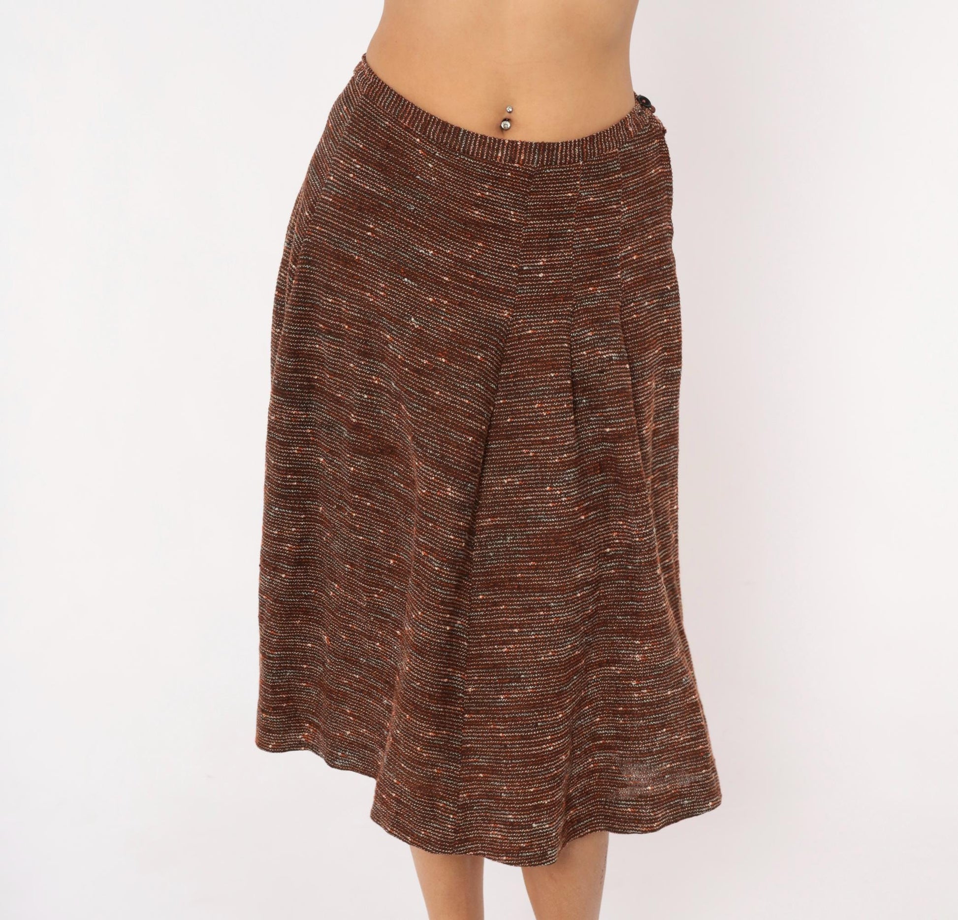 70s Brown Tweed Knit A-Line Midi Skirt Speckled Earth Tone Small