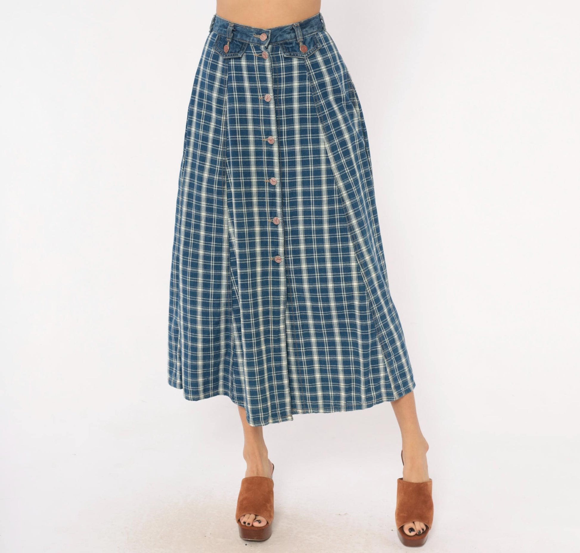 90s Outlaw Blue Plaid Cotton Midi Skirt Button Front XS