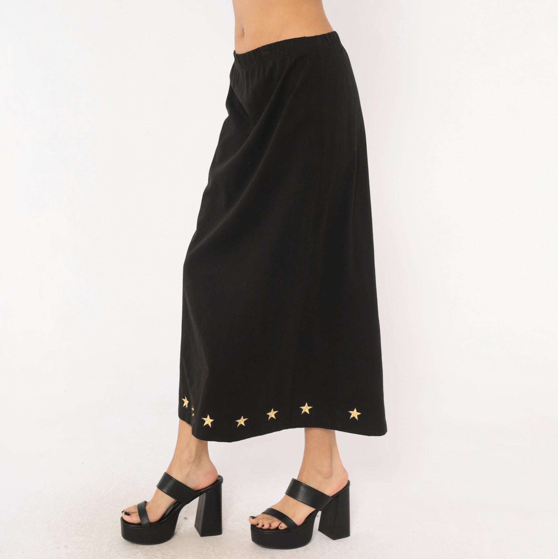 90s Quacker Factory Black Midi Skirt Gold Star Embroidered Medium M