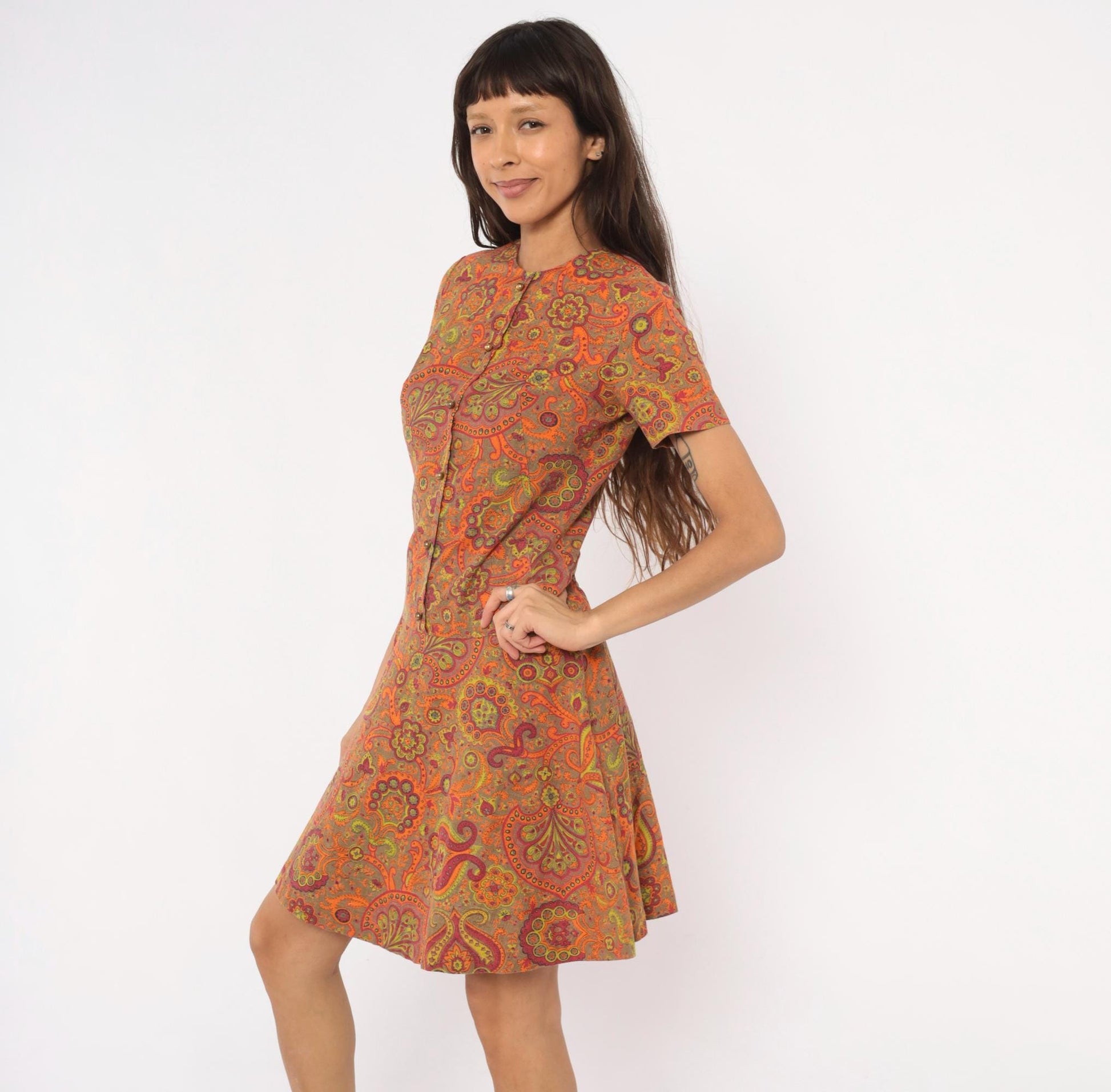 60s Junior West California Paisley Shift Dress Orange Cotton Small