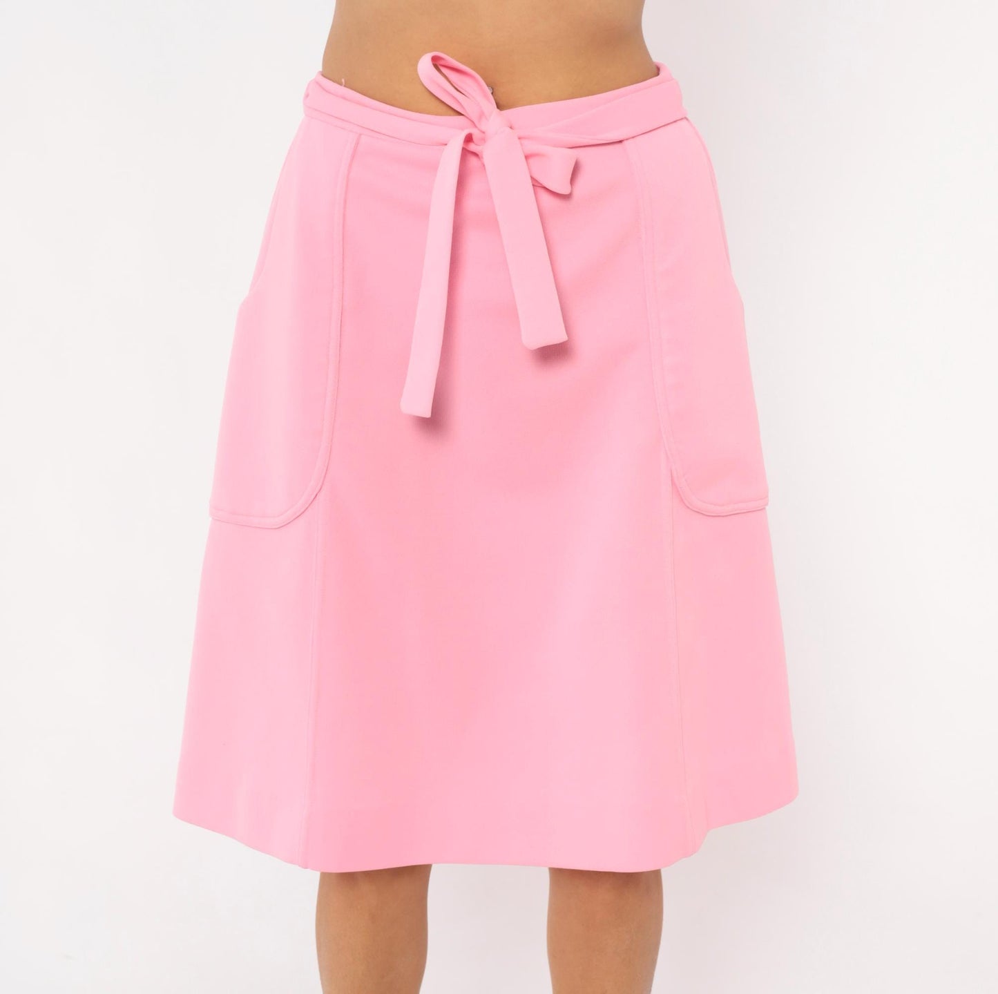 70s Bubblegum Pink Wrap Skirt Tie Waist Patch Pockets Knee-Length Medium