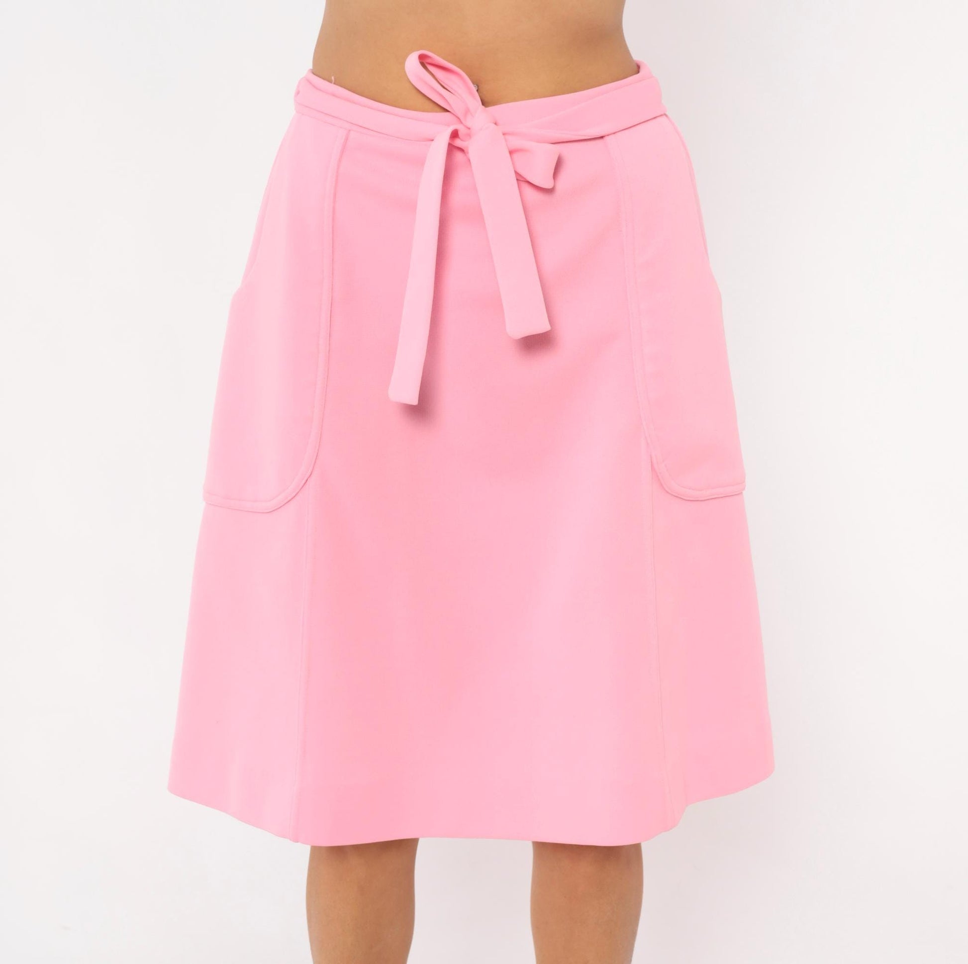 70s Bubblegum Pink Wrap Skirt Tie Waist Patch Pockets Knee-Length Medium