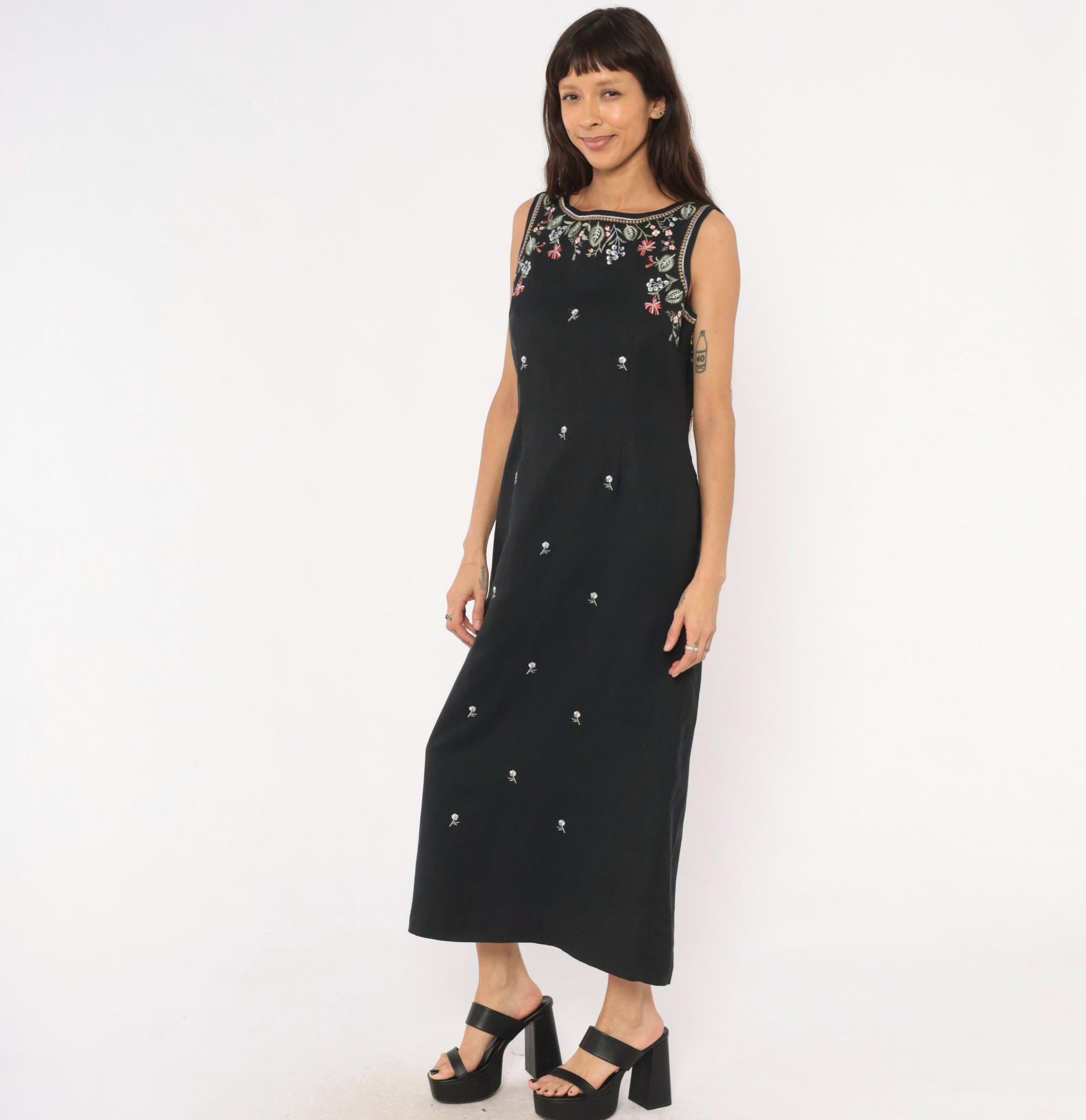 90s Jennifer Eden Black Embroidered Floral Maxi Dress V-Back Slit Medium M