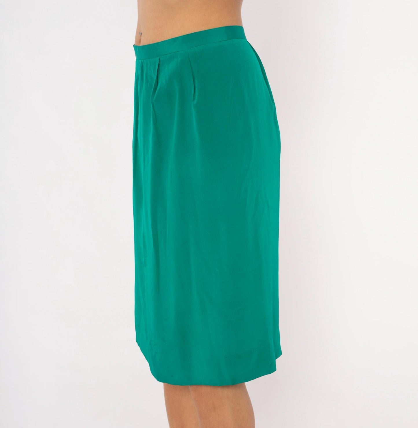 90s Teal Pencil Skirt Emerald Green Pleated A-Line Knee-Length Medium M