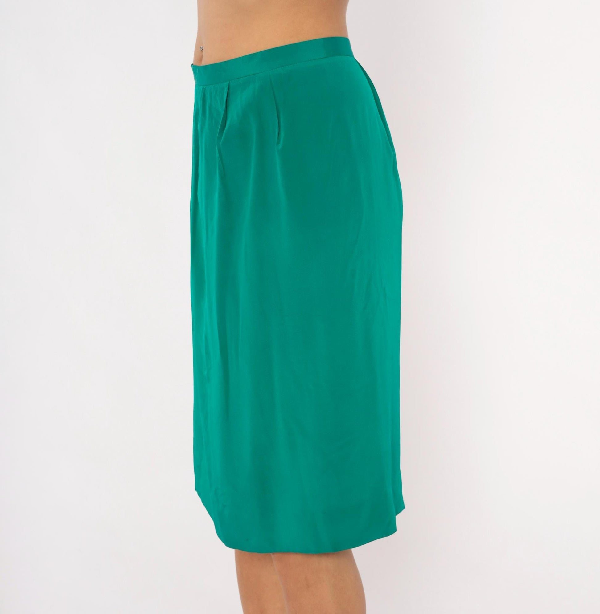 90s Teal Pencil Skirt Emerald Green Pleated A-Line Knee-Length Medium M