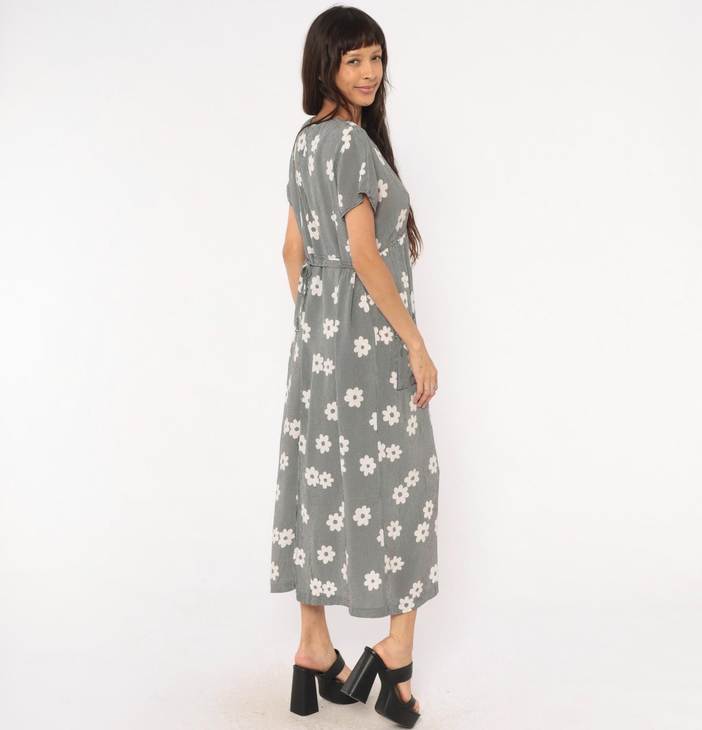 90s Navy Gingham Daisy Print Maxi Dress Drawstring Waist Medium M