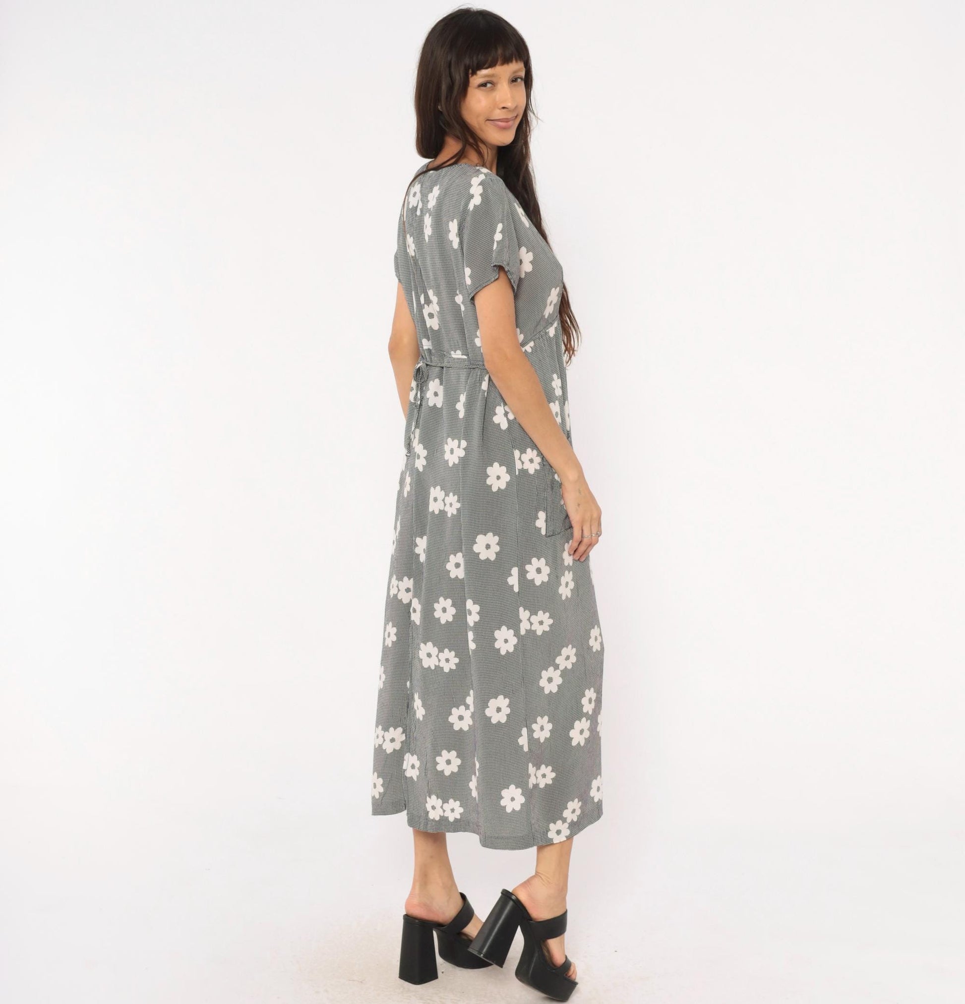 90s Navy Gingham Daisy Print Maxi Dress Drawstring Waist Medium M