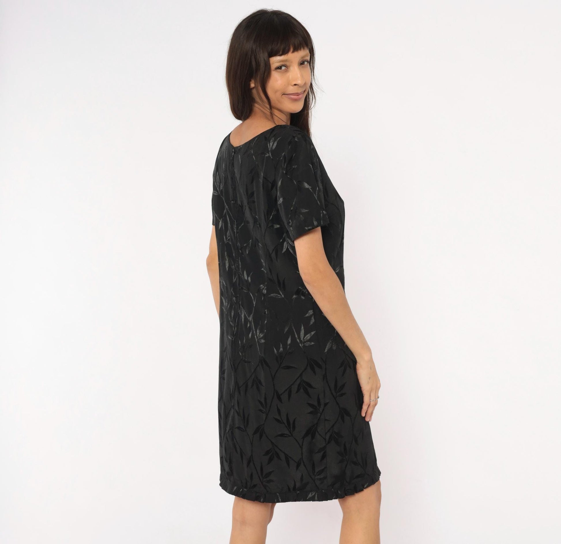 90s Giorgio Fiorlini Black Jacquard Leaf Shift Dress Scoop Neck Large L