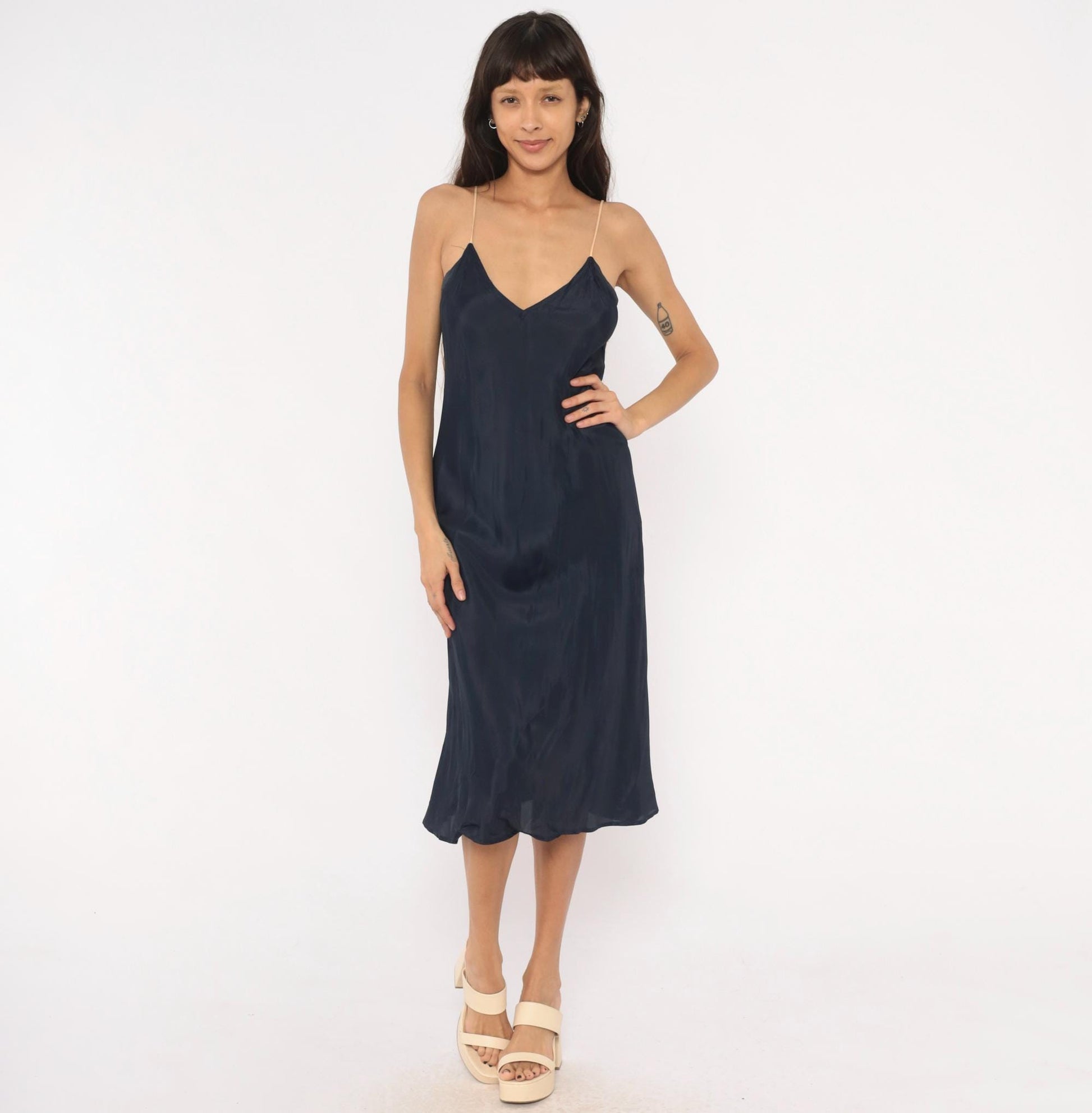 70s Navy Slip Dress Midi V-Neck Spaghetti Strap Acetate Small