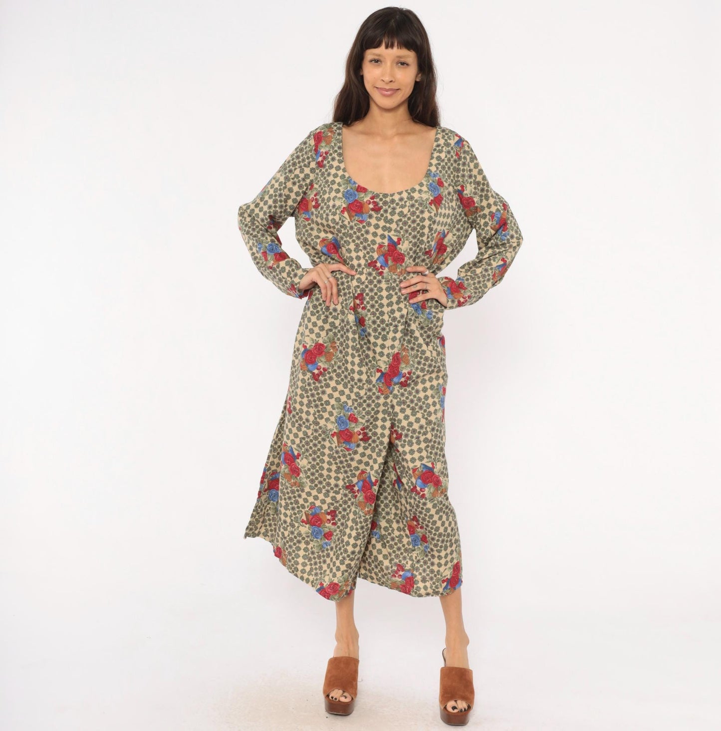 90s Floral Jumpsuit Cream Scoop Neck Long Sleeve Rose Medallion Print Large L