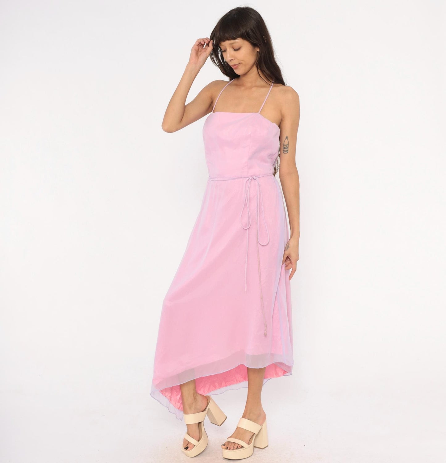 90s Jim Hjelm Lilac Pink Chiffon Maxi Gown Spaghetti Strap Criss Cross Back Medium M