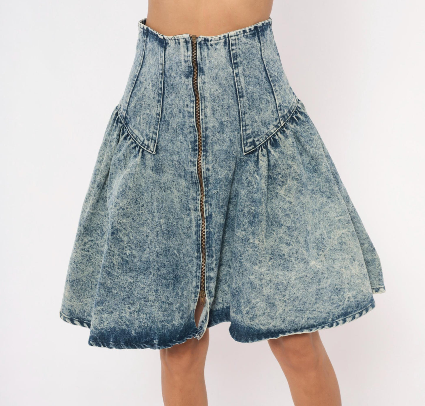 90s Weathered Blues Acid Wash Denim Skirt High Waist A-Line Small S