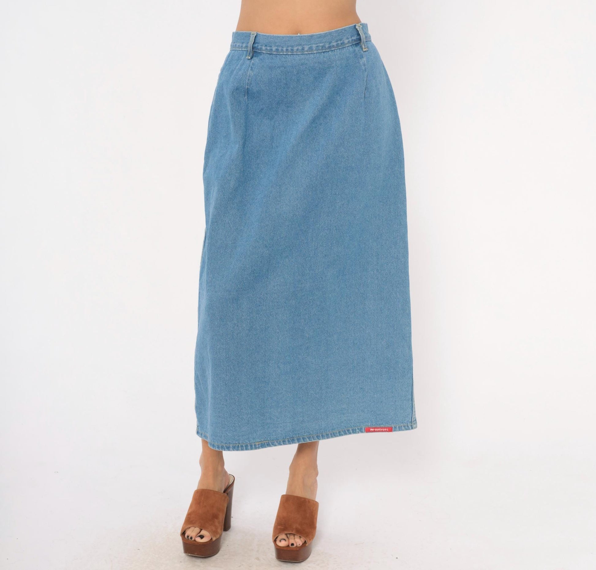 90s No Excuses Denim Maxi Skirt Light Blue A-Line High Waist Cotton Large L