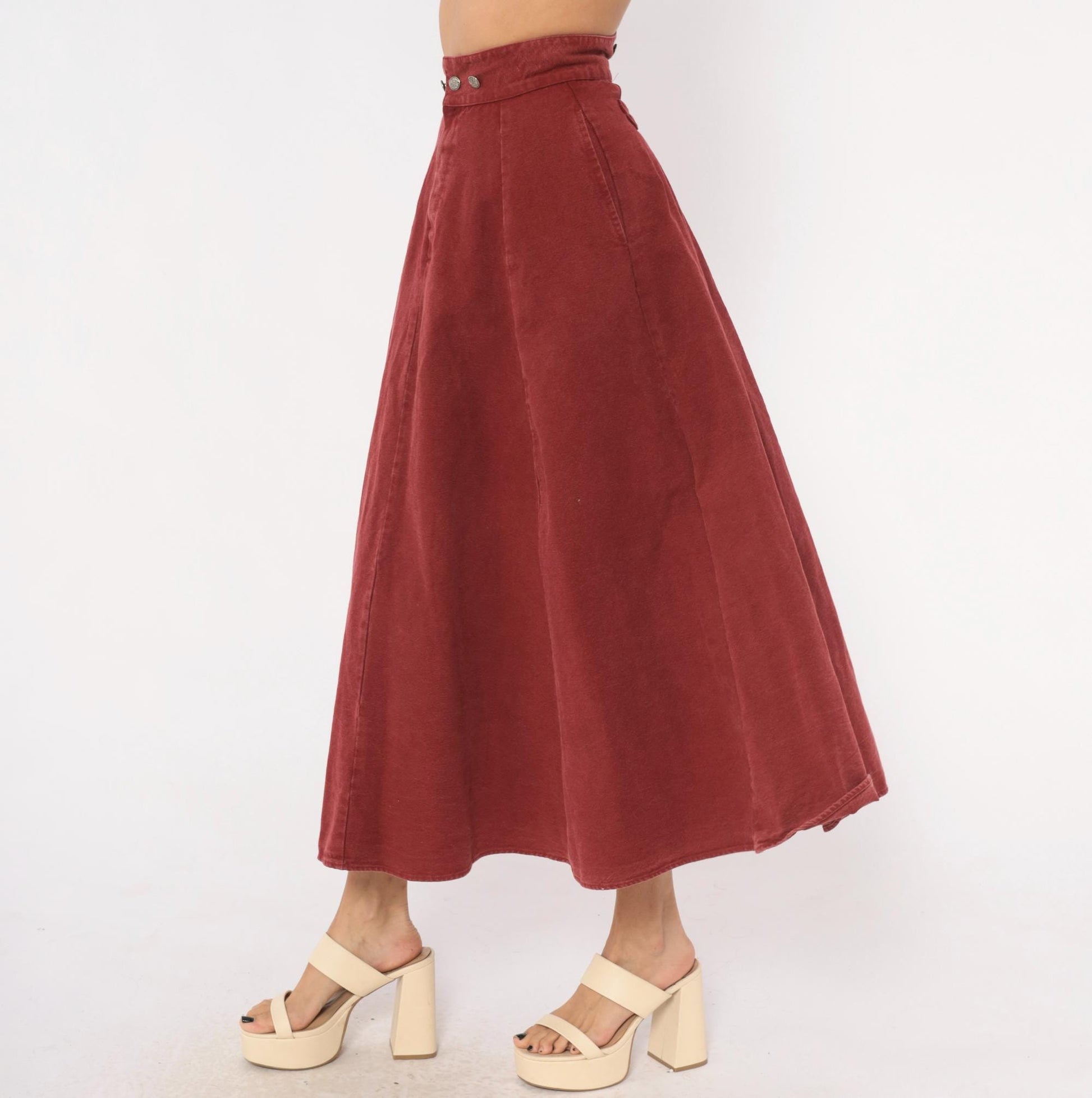90s Miller Stockman Burgundy Cotton Circle Skirt High Waist Midi Extra Small XS