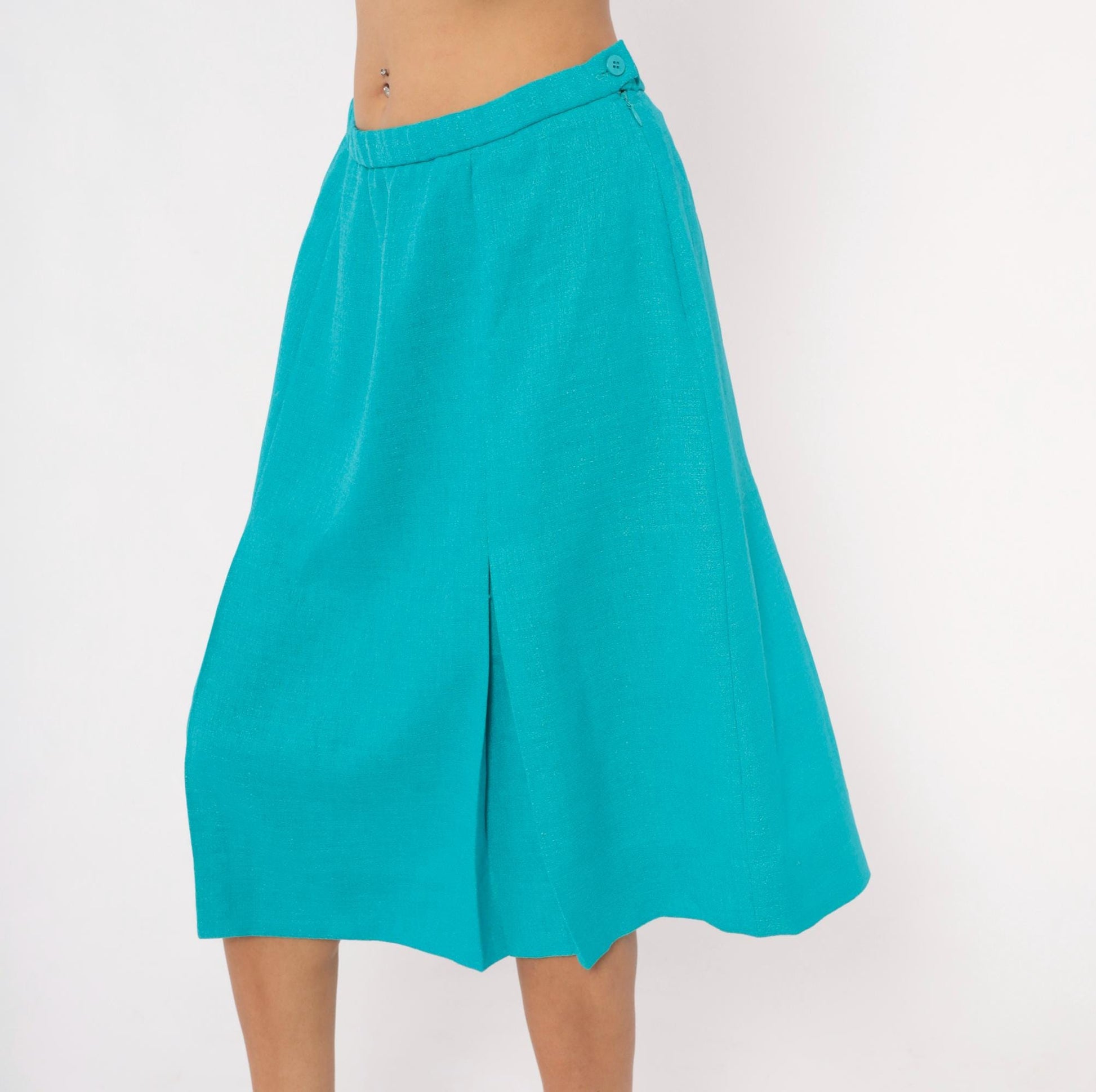 80s Teal Box Pleat Midi Skirt Turquoise A-Line Waistband Zip Large L