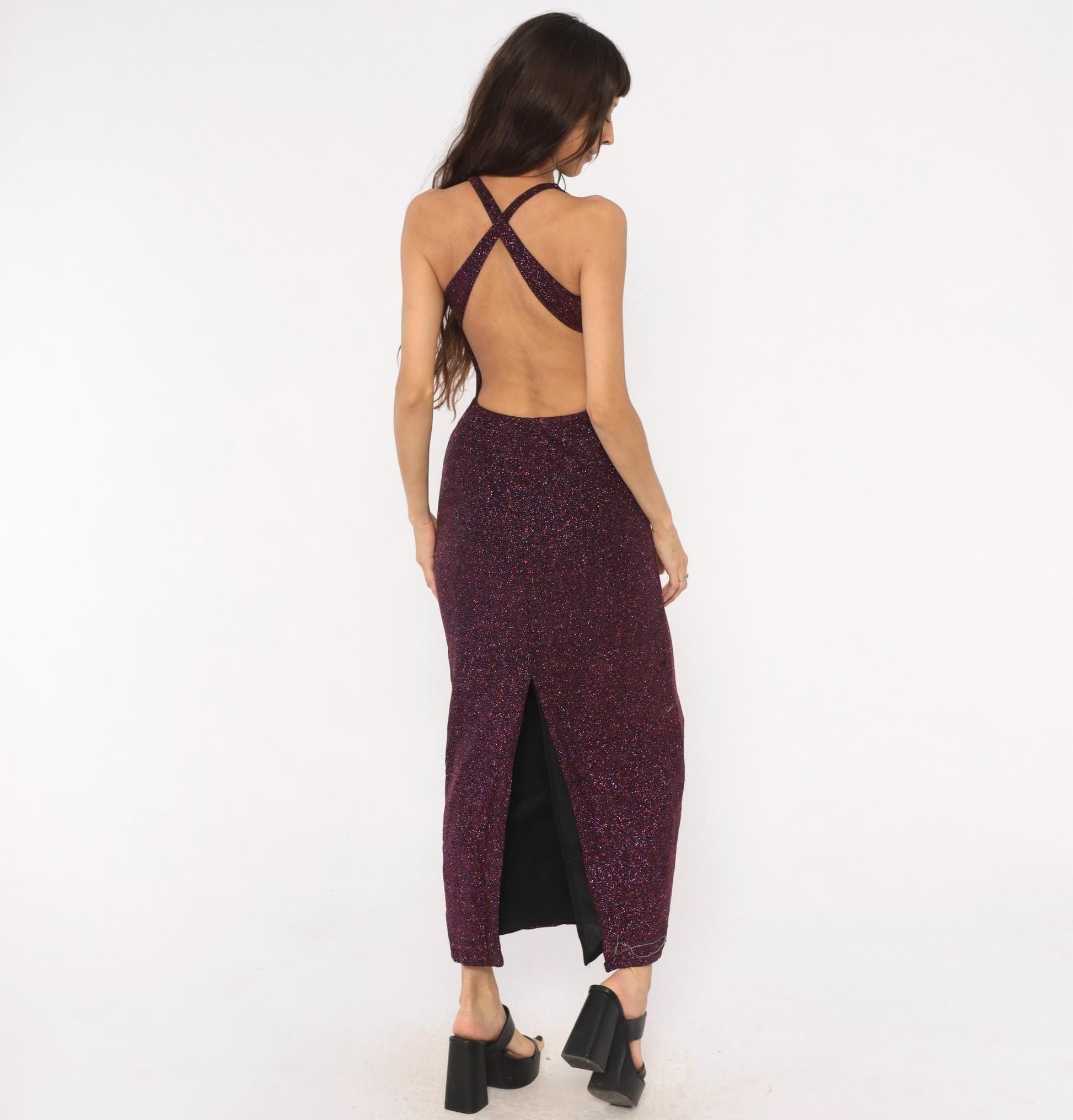 90s Jump Glitter Halter Maxi Dress Plum Purple Open Back Small S