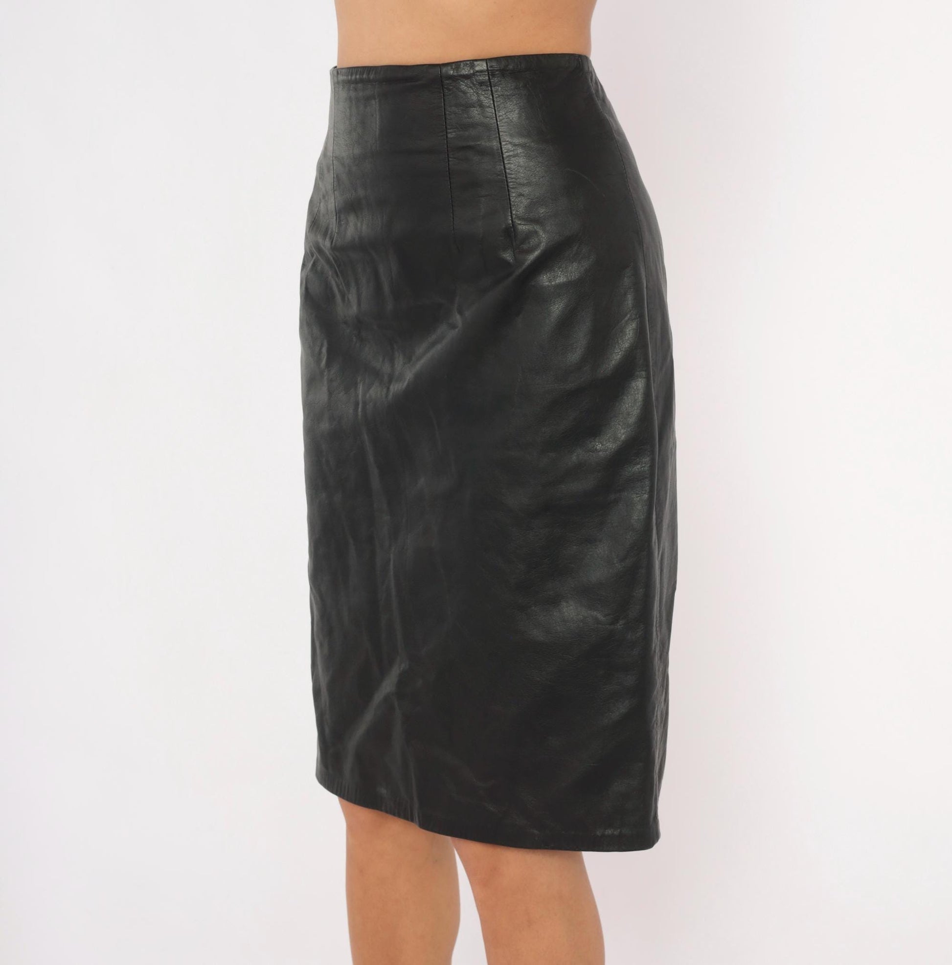 80s G.Londo Black Leather Pencil Skirt High Waist Panel Seam Medium