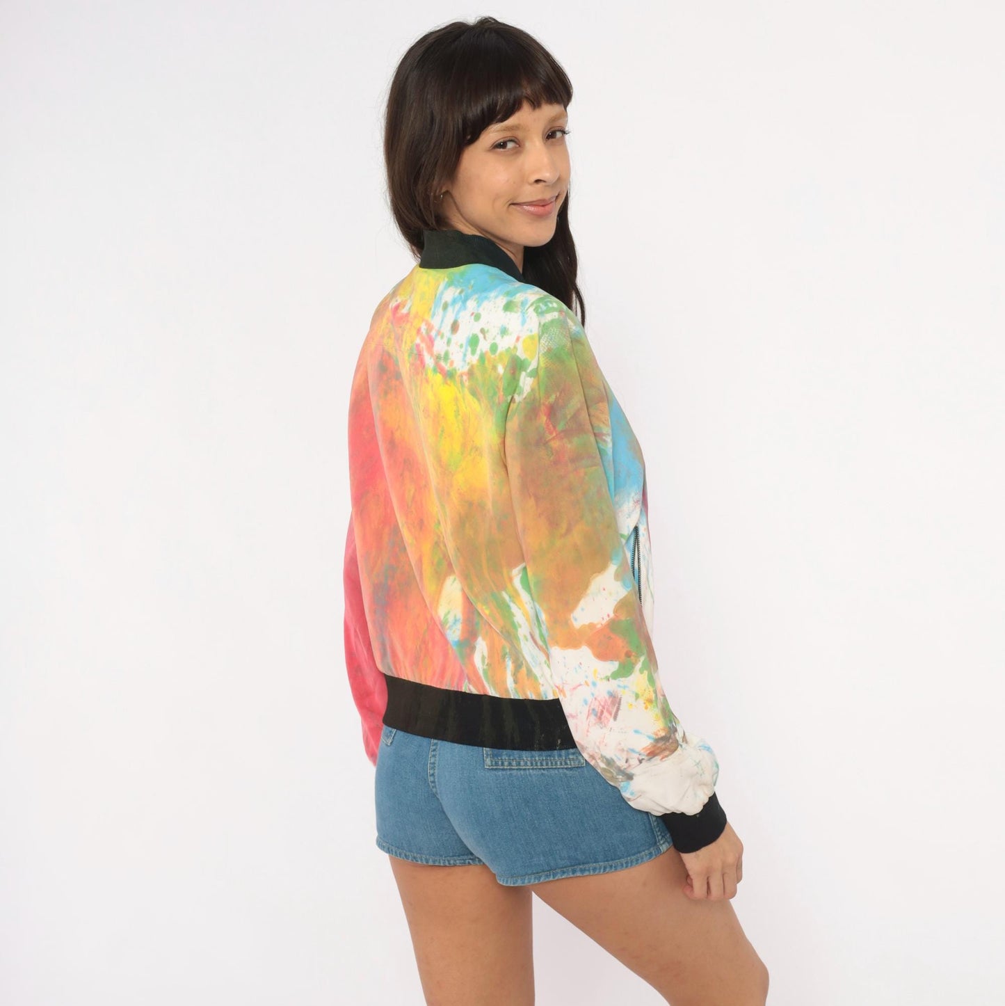 2000s Mural Paint Splatter Bomber Jacket Multicolor Abstract Zip Front Medium