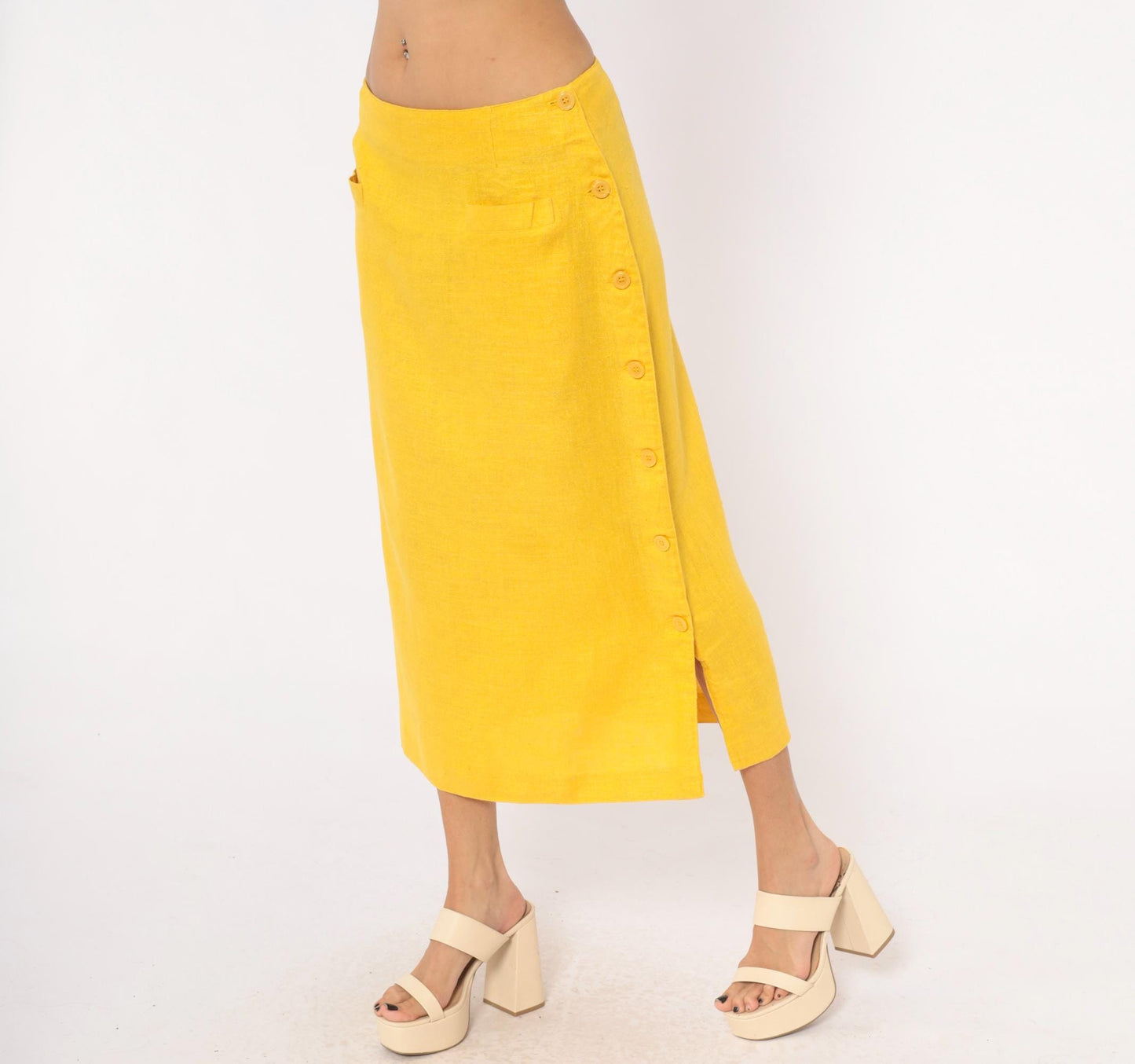 80s Ta. Whitney Linen Midi Skirt Golden Yellow A-Line Large L