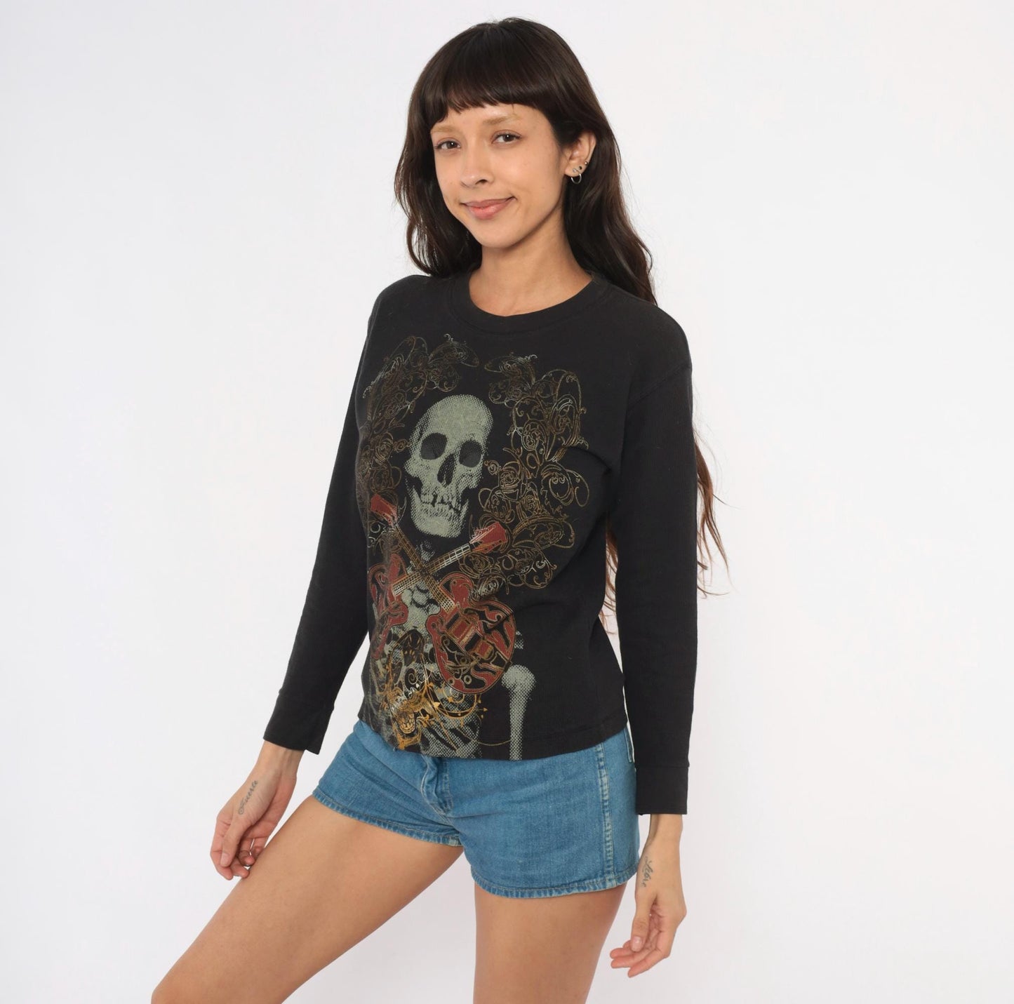 Y2K Skull Crossbones Guitar Long Sleeve Thermal Top Black Medium M