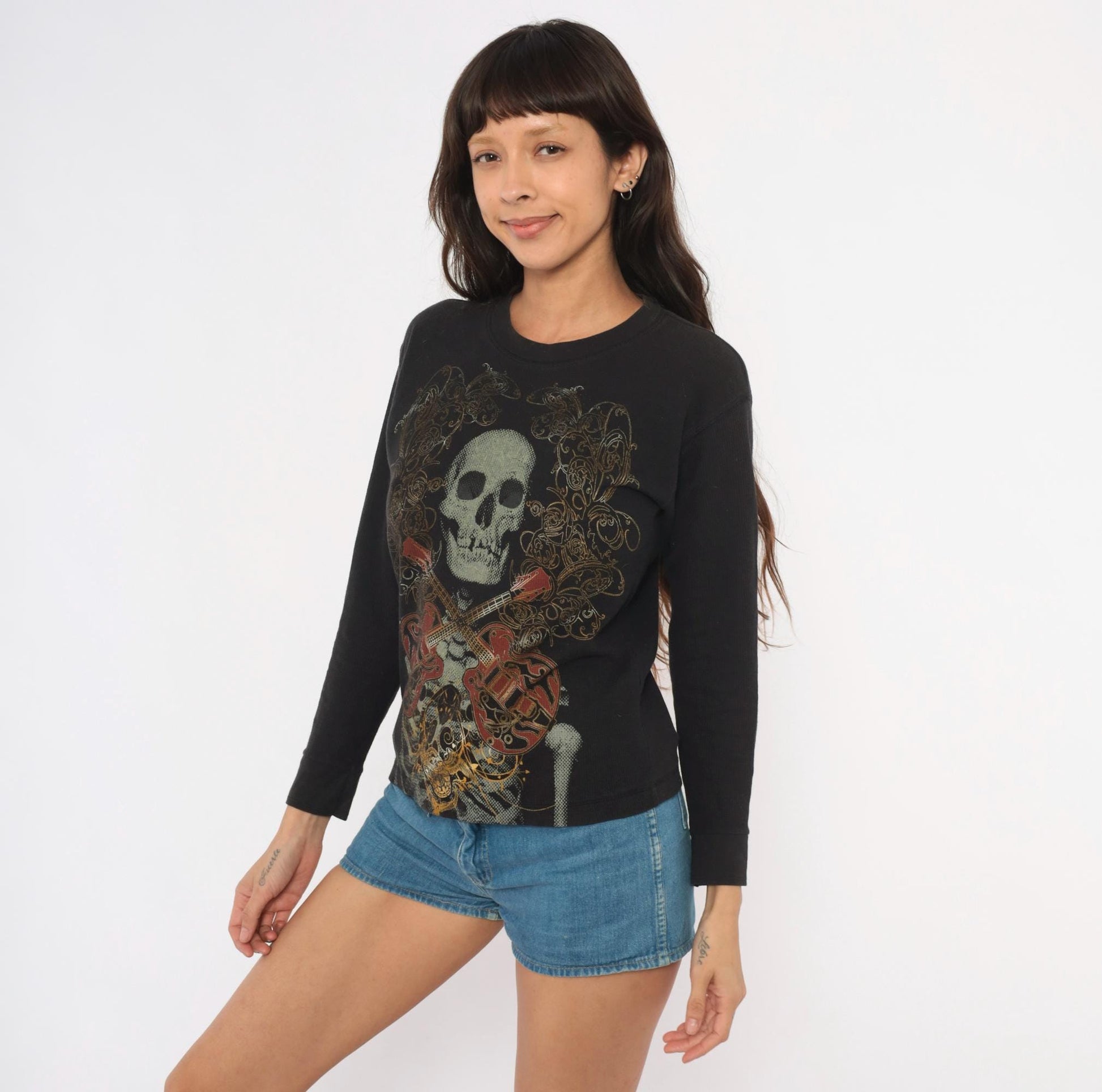 Y2K Skull Crossbones Guitar Long Sleeve Thermal Top Black Medium M