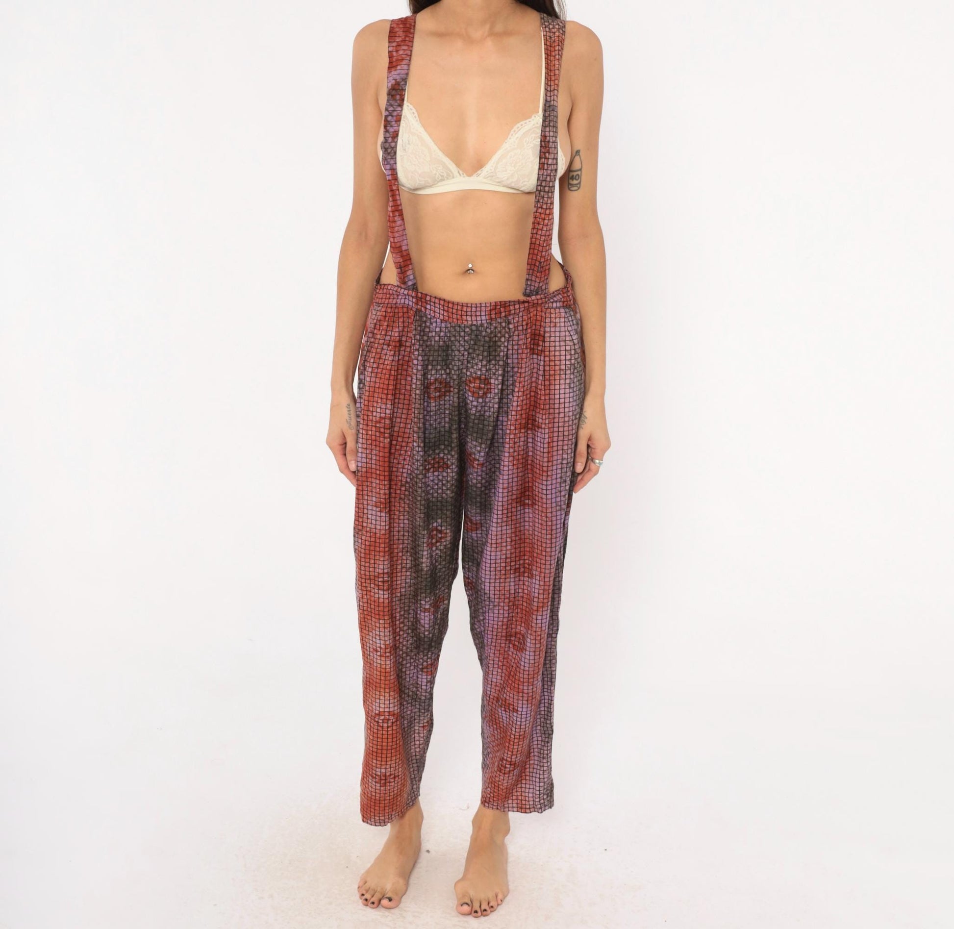 90s Tie Dye Suspender Pants Grid Print Pleated Trousers Purple Brown Medium M
