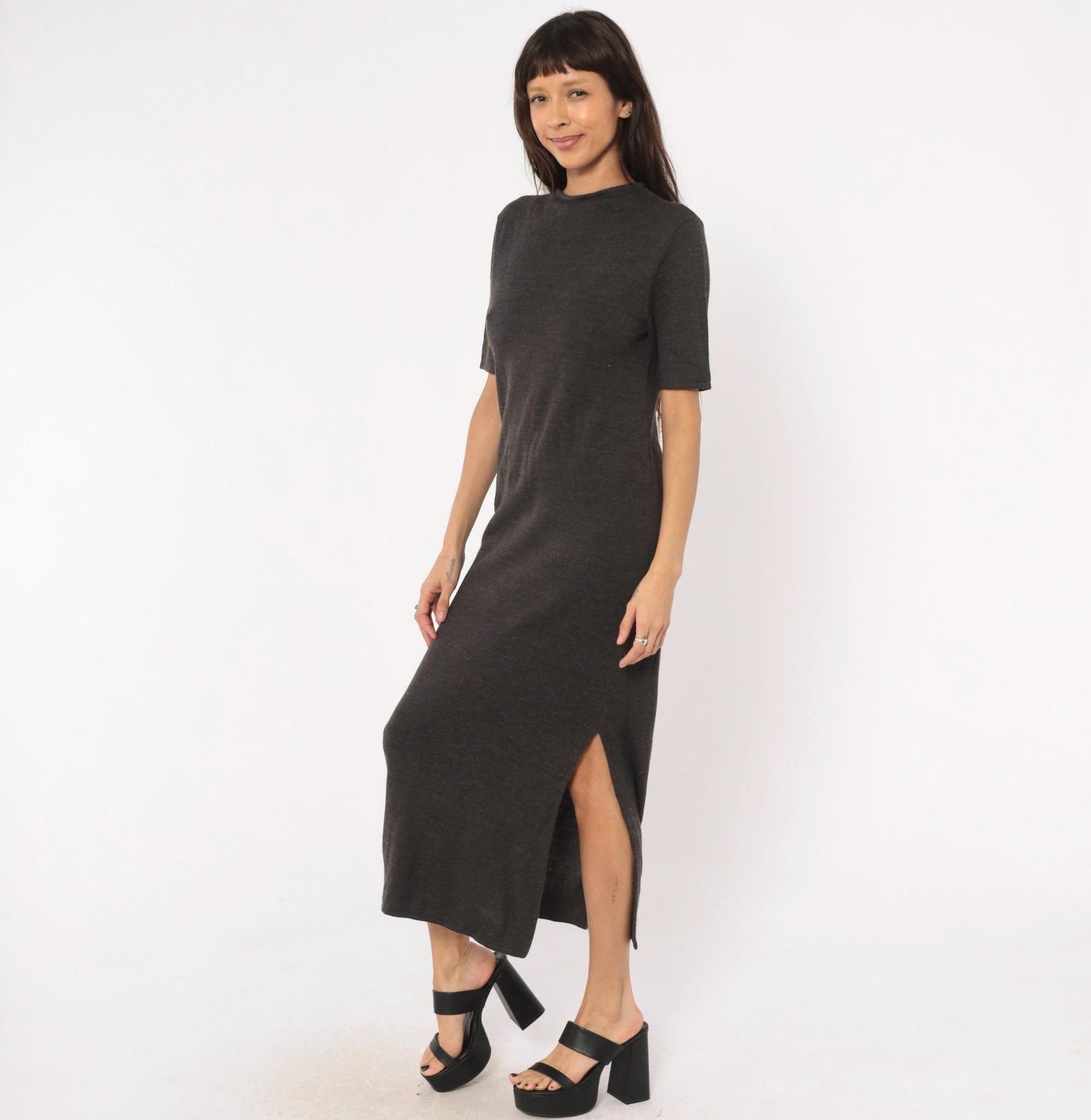 Y2K Nina Leonard Charcoal Knit Maxi Dress Short Sleeve Column Grey Small Petite
