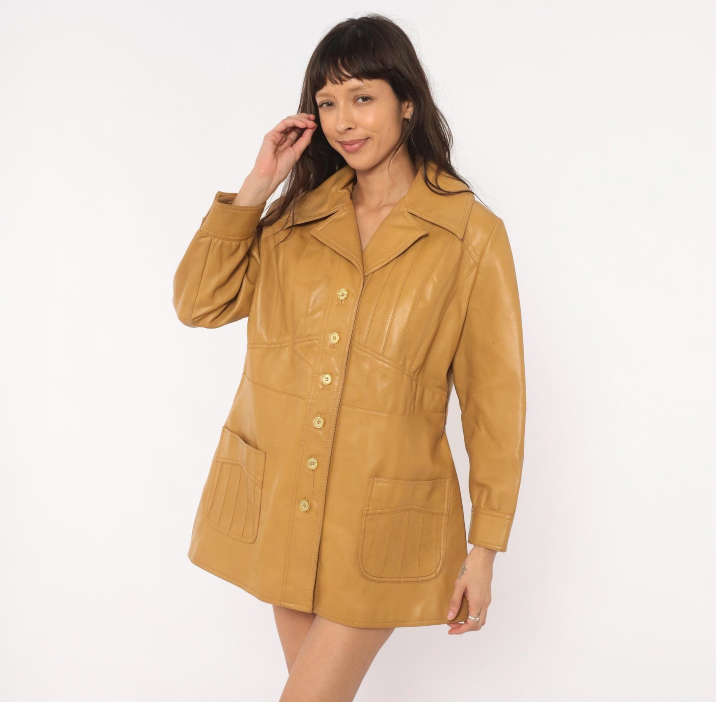 70s Mod-Maid Vinyl Coat Tan Button Front Notched Collar Mini Trench Large L