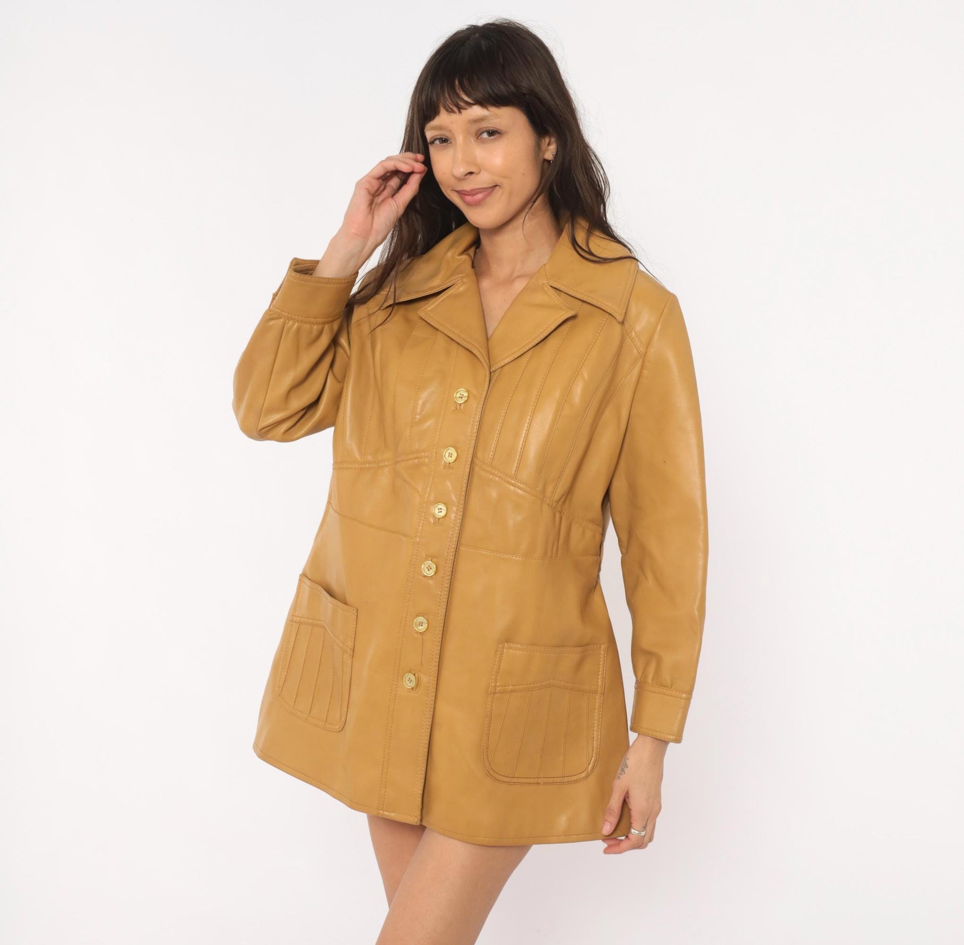 70s Mod-Maid Vinyl Coat Tan Button Front Notched Collar Mini Trench Large L