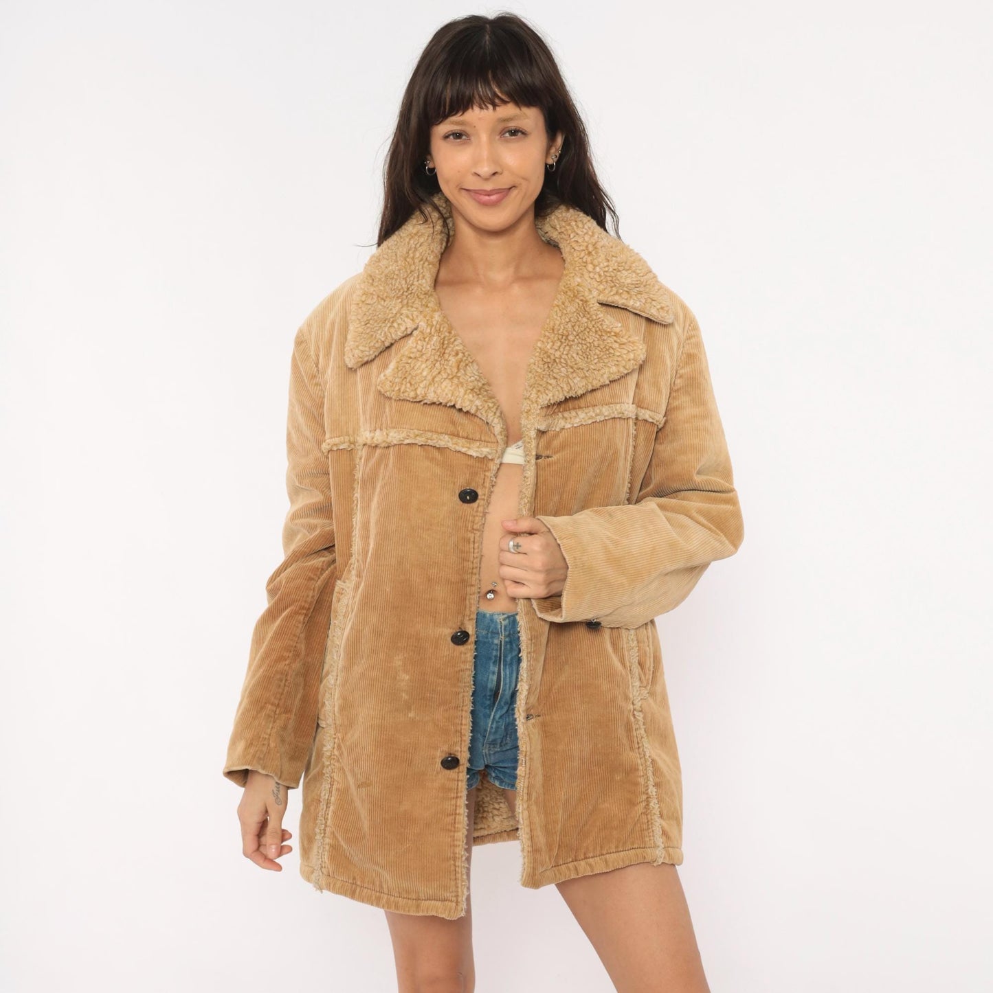 70s JCPenney Tan Corduroy Sherpa Coat Button Front Jacket Medium M