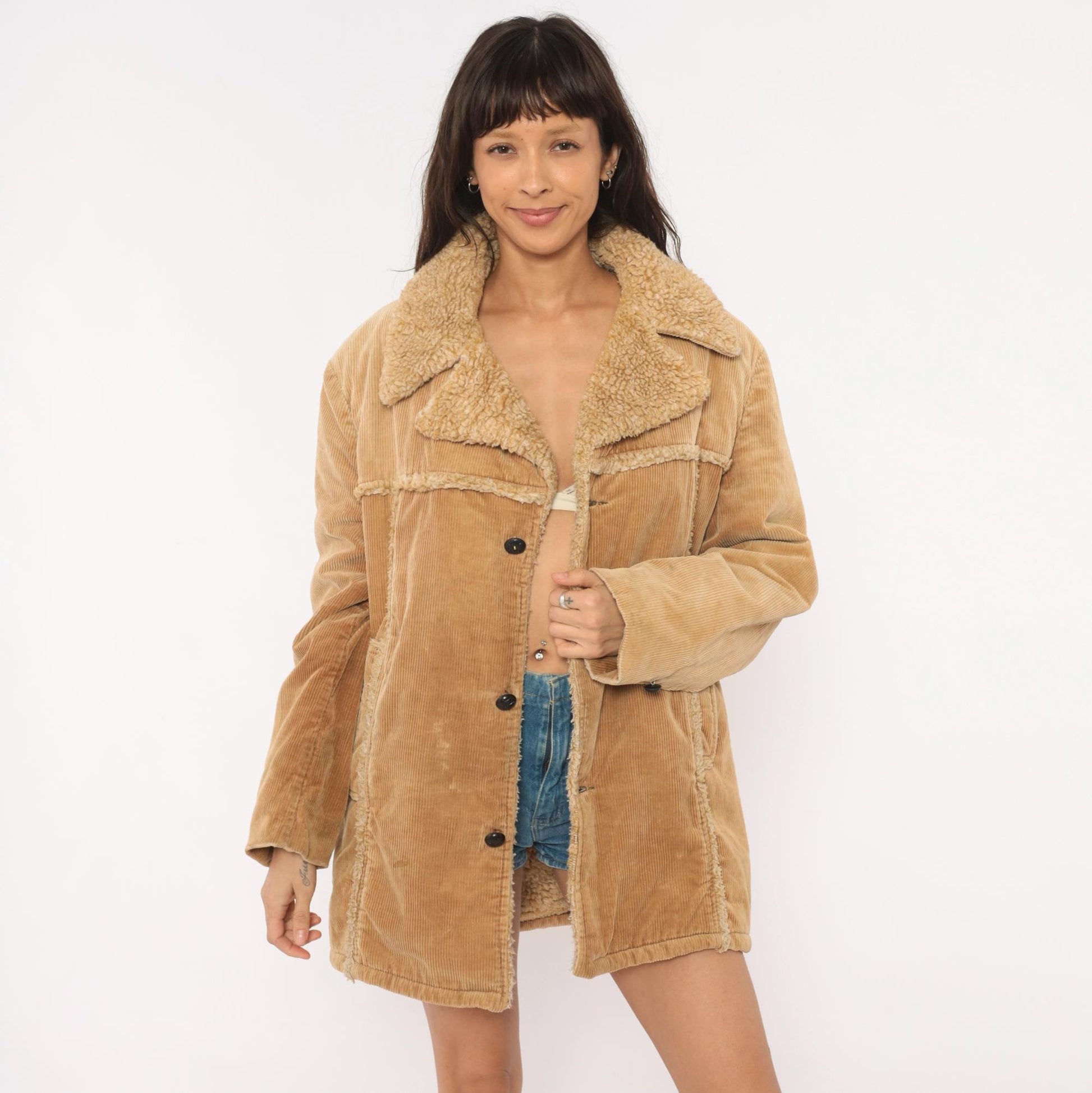 70s JCPenney Tan Corduroy Sherpa Coat Button Front Jacket Medium M