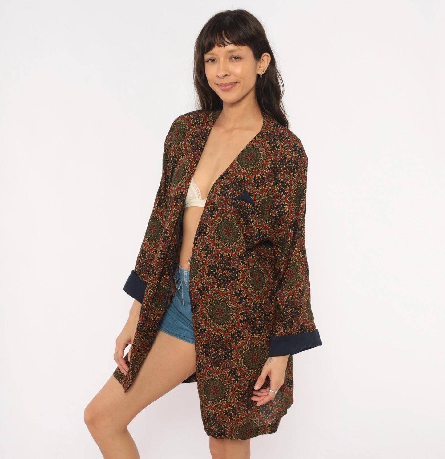 90s Medallion Tapestry Robe Kimono Navy Red Olive Gold Duster Large L