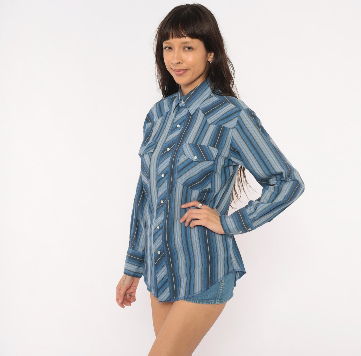 90s Wrangler Western Shirt Blue Striped Pearl Snap Pointed Collar Small S