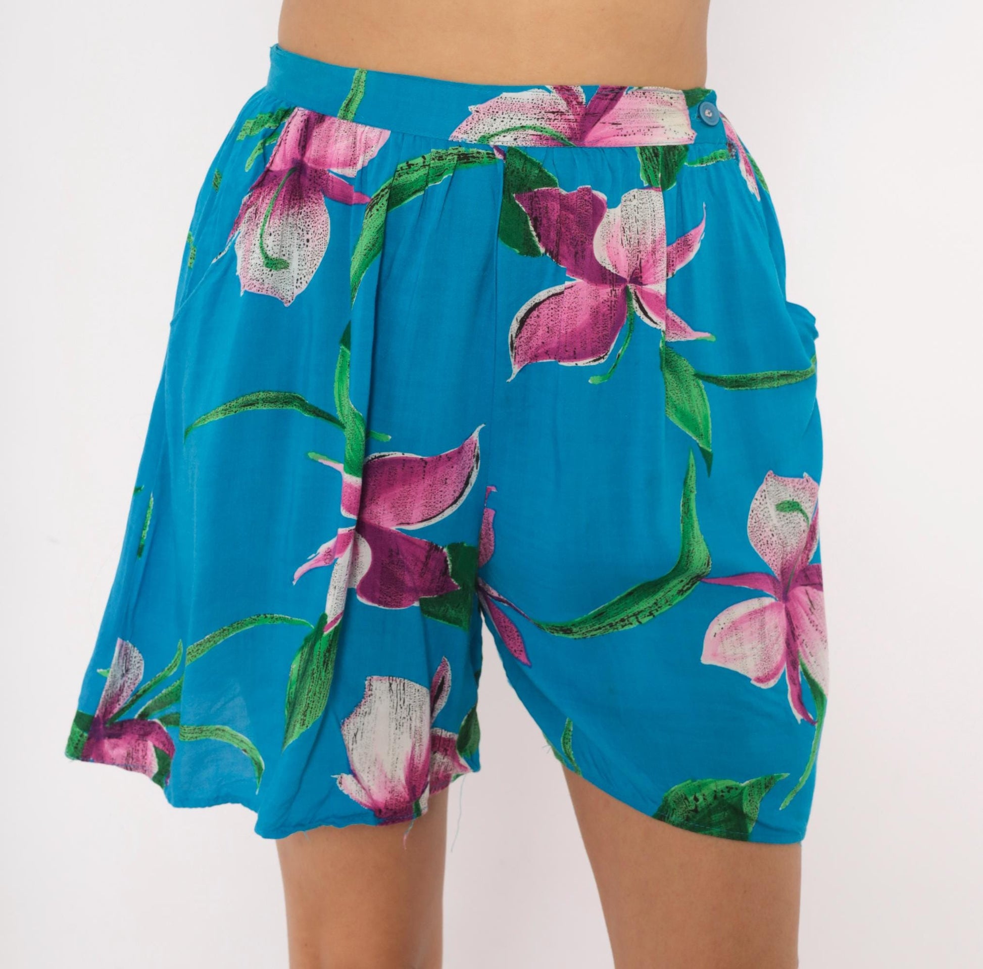 90s Profiles Tropical Floral Shorts Teal Orchid High Waist Wide Leg Small