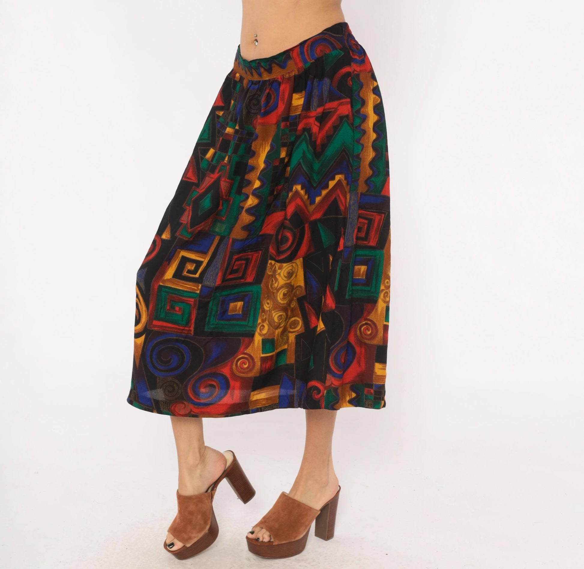 90s Kenneth Mitchell Midi Skirt Geometric Spiral Print Multicolor Size 20W